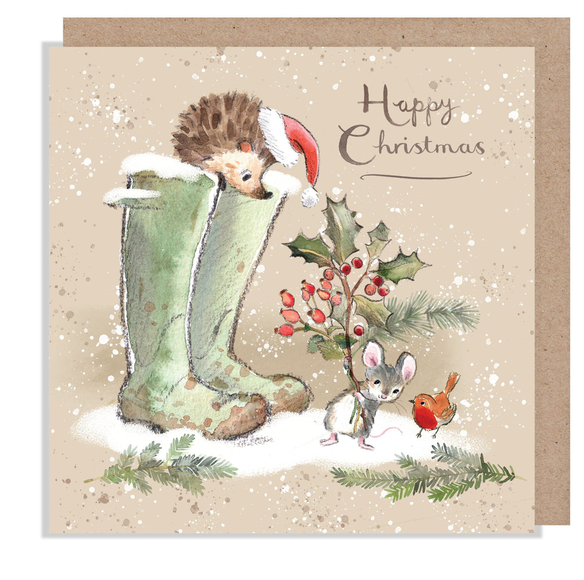 Christmas Card - Happy Christmas - Hedgehog and Mouse with Wellington Boots