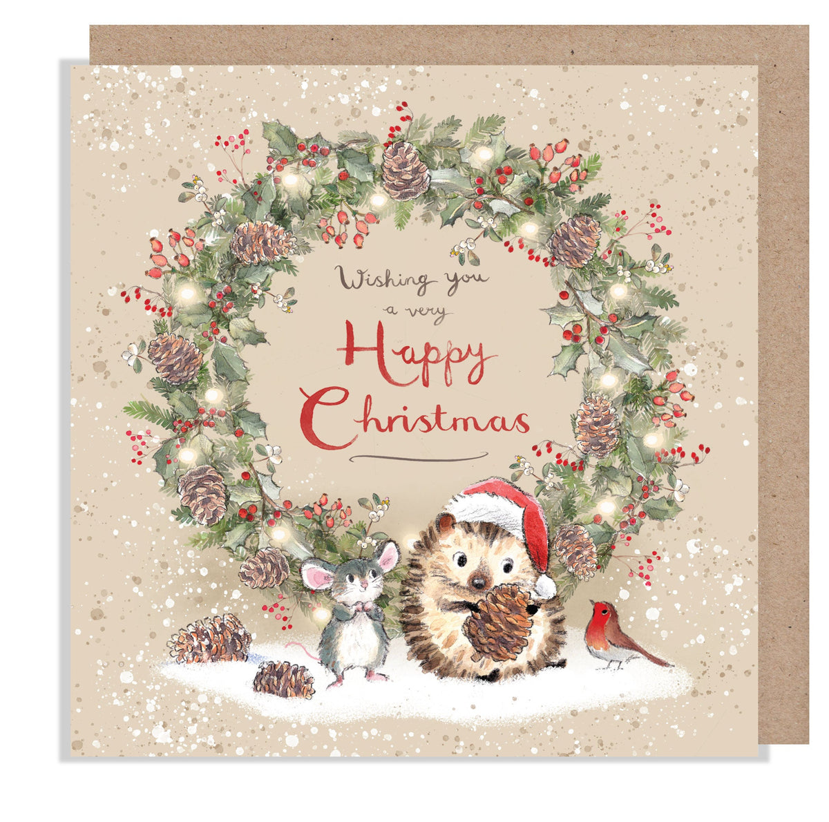 Christmas Card - Happy Christmas - Mouse and Hedgehog with Christmas Wreath