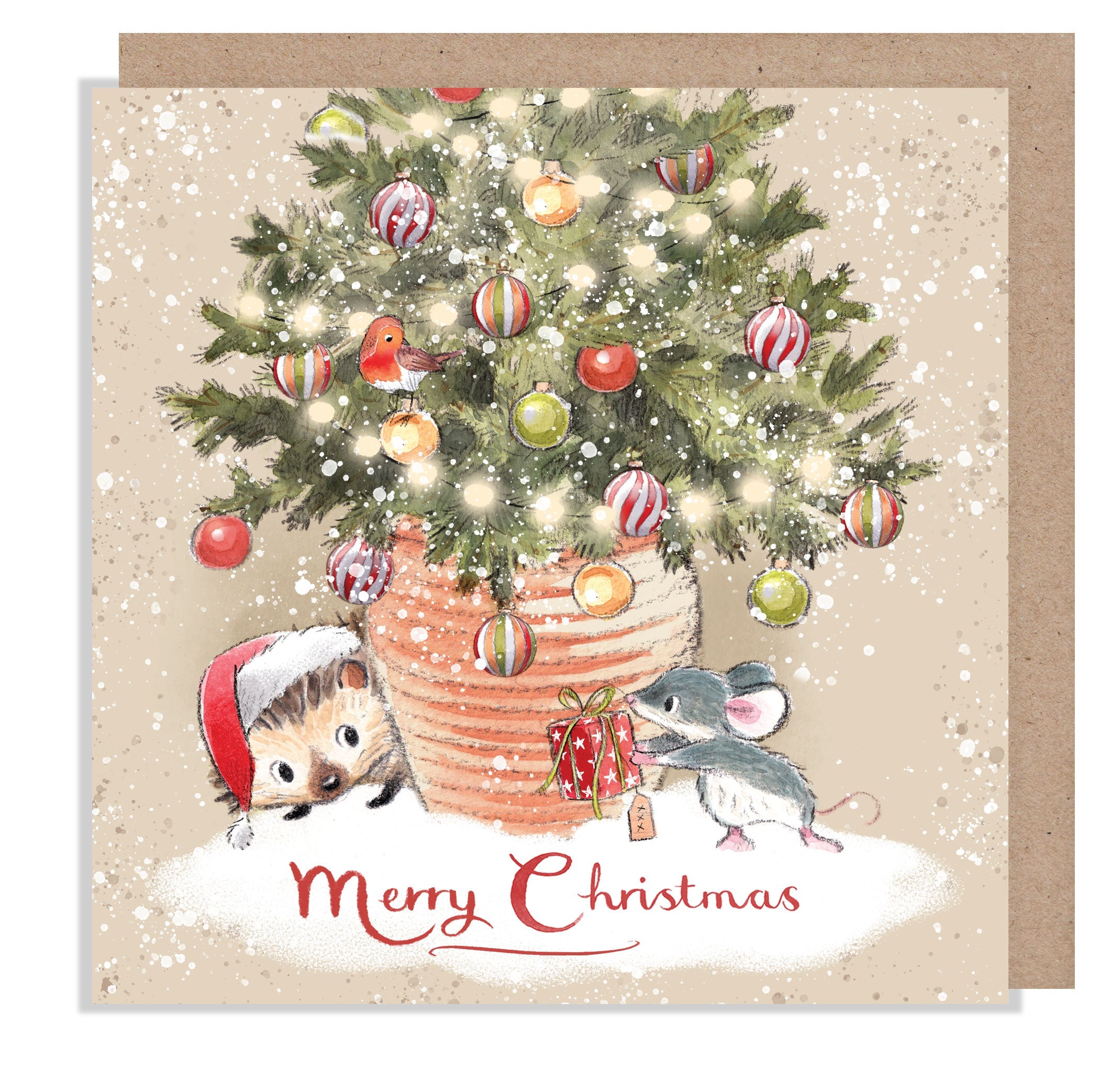 Christmas Card - Merry Christmas - Hedgehog and Mouse with Christmas Tree