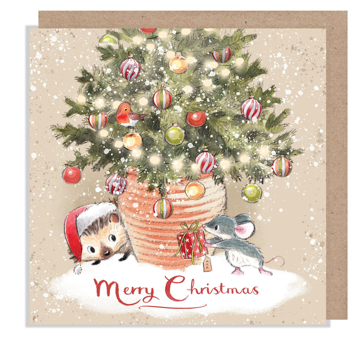 Christmas Card - Merry Christmas - Hedgehog and Mouse with Christmas Tree