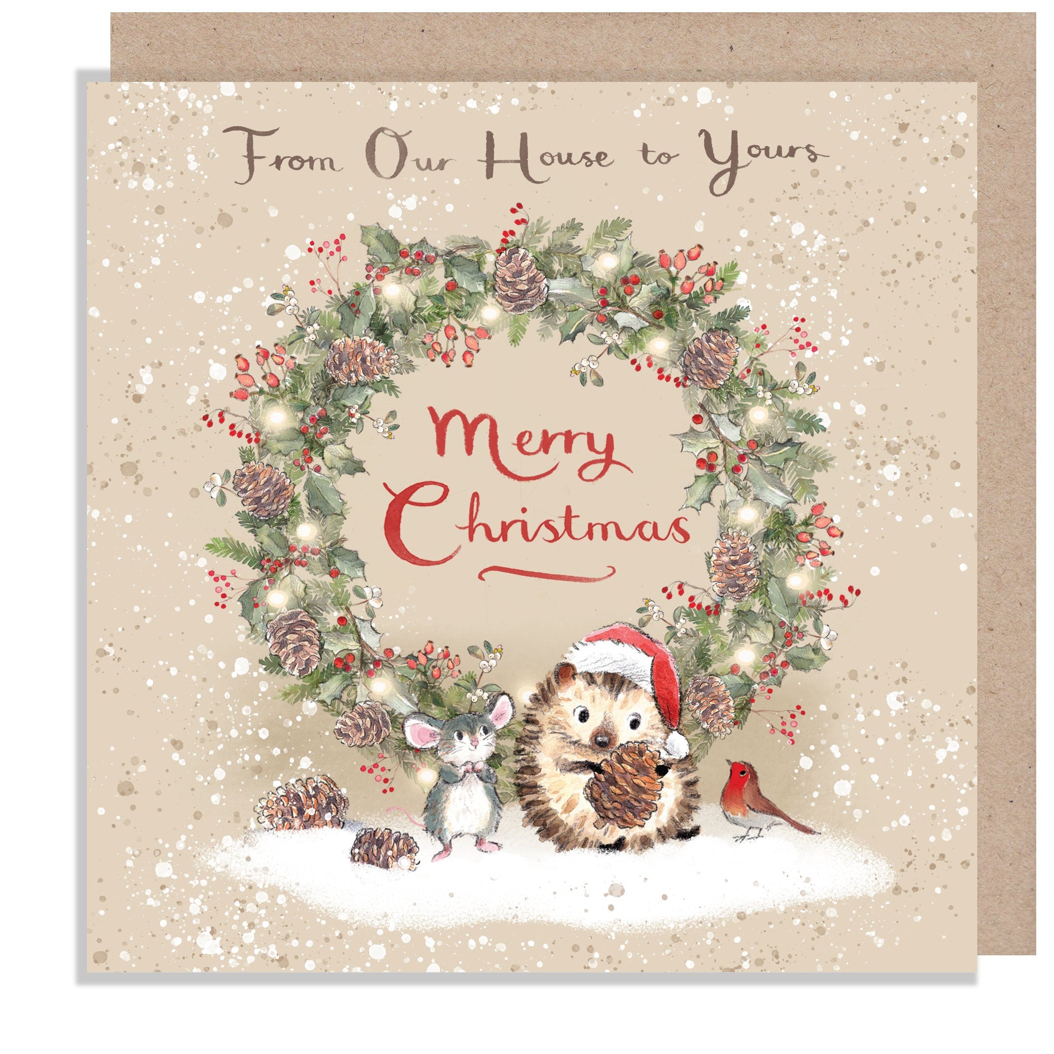 Christmas Card - From Our House to Yours - Mouse and Hedgehog with Christmas Wreath