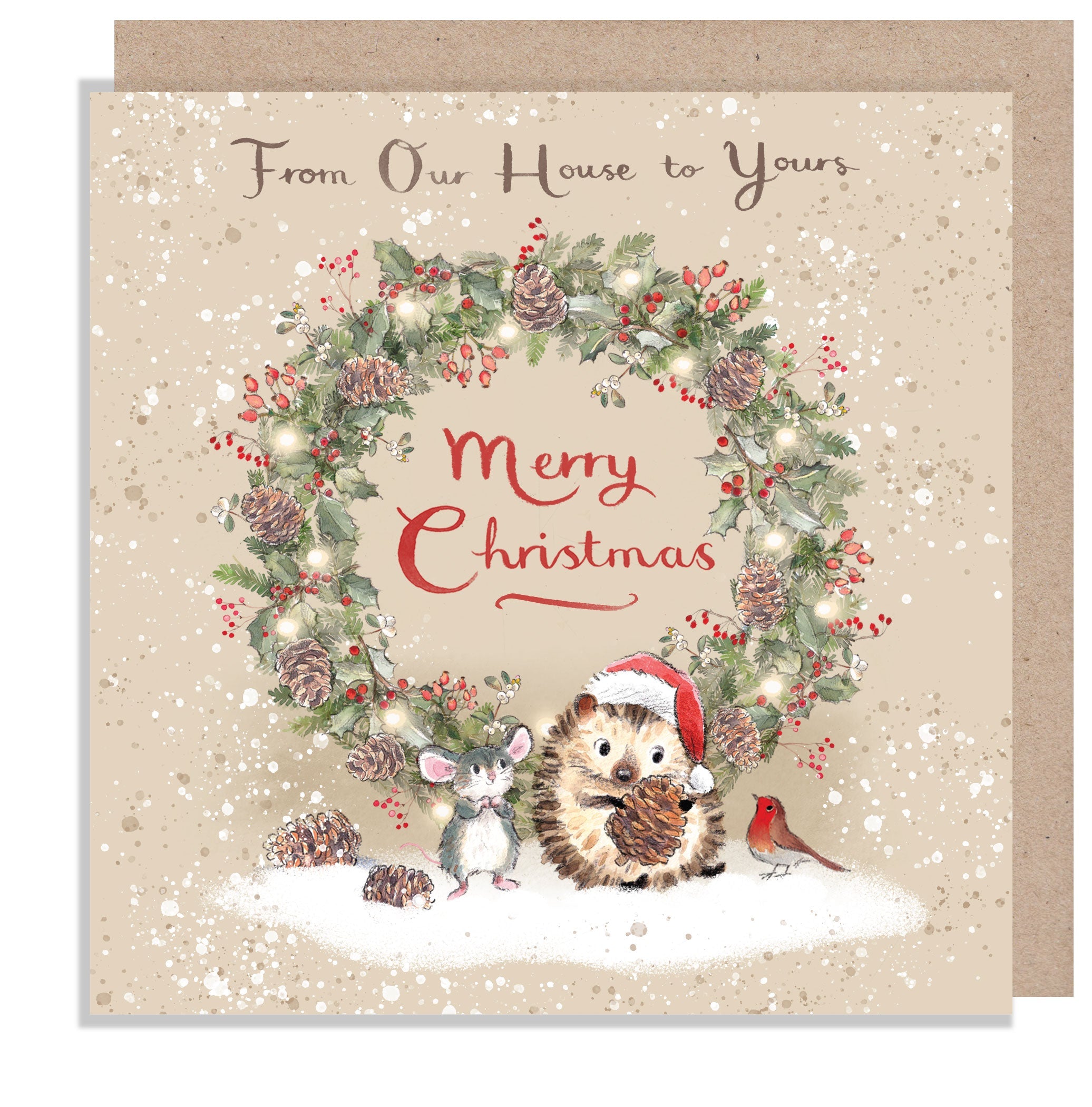 Christmas Card - From Our House to Yours - Mouse and Hedgehog with Christmas Wreath
