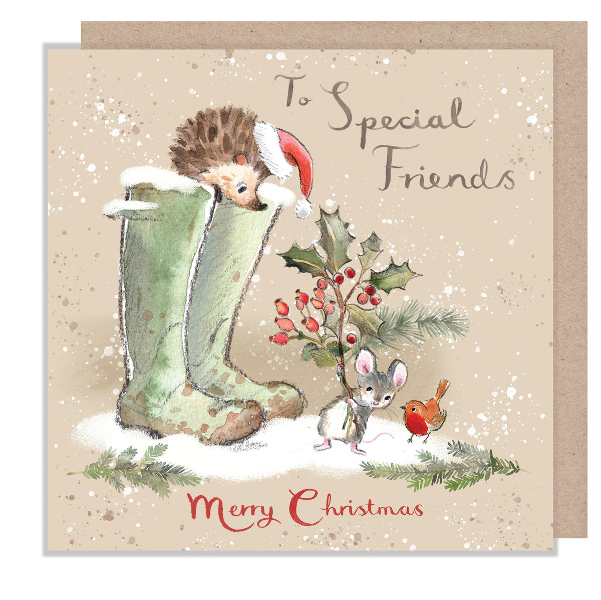 Christmas Card - Special Friends - Hedgehog, Mouse with Wellington Boots