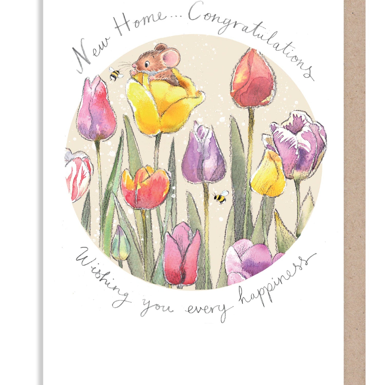 Greeting Card - New Home - Mouse and Tulips