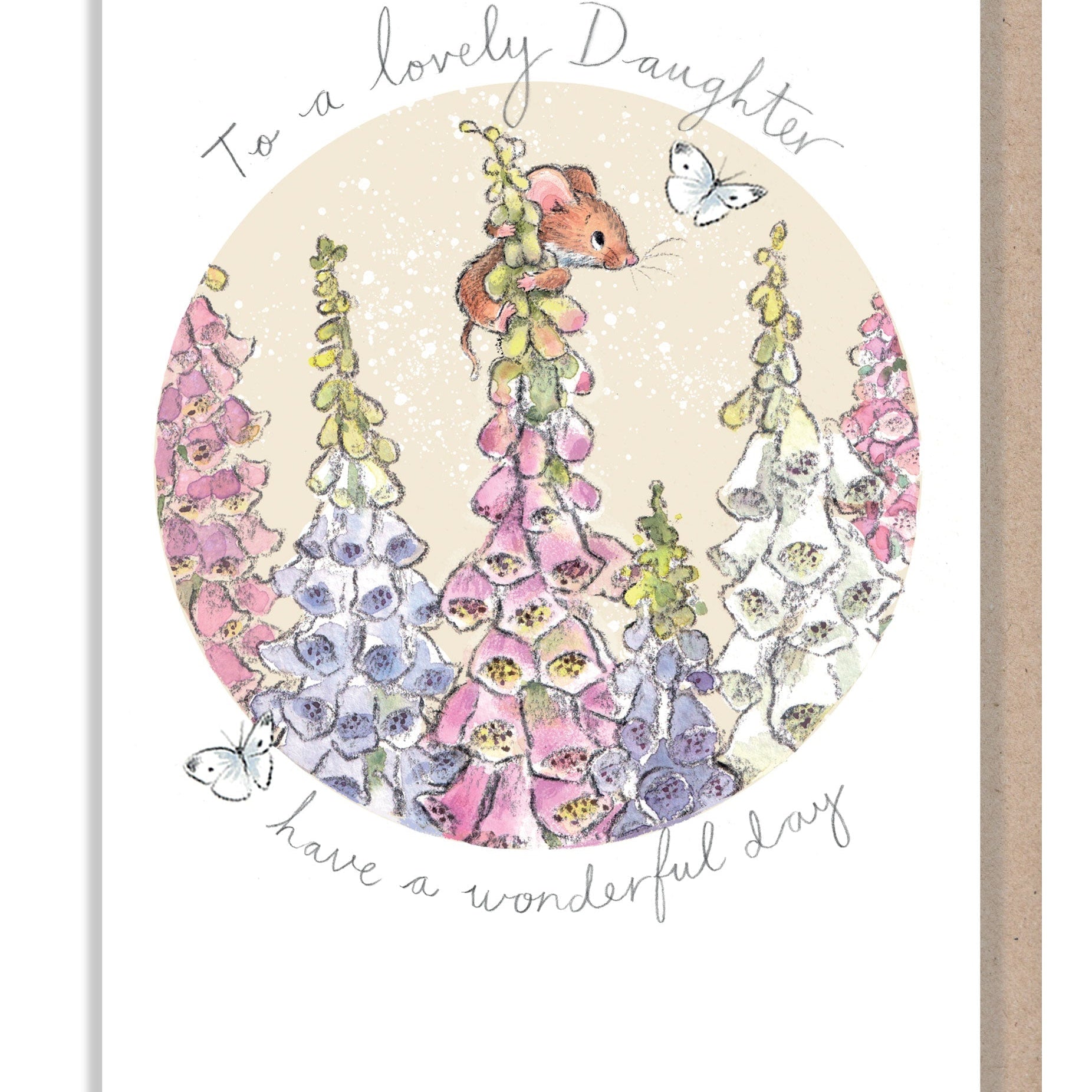 Birthday Card - Lovely Daughter - Mouse with Foxgloves