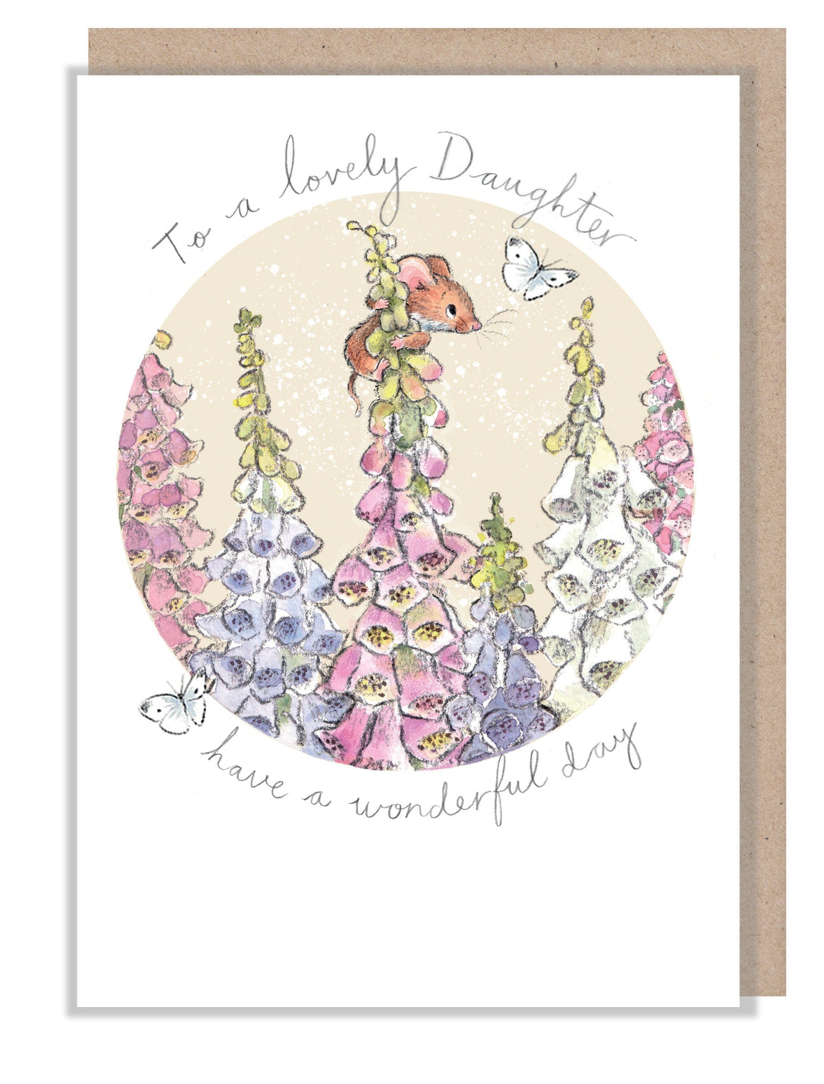 Birthday Card - Lovely Daughter - Mouse with Foxgloves