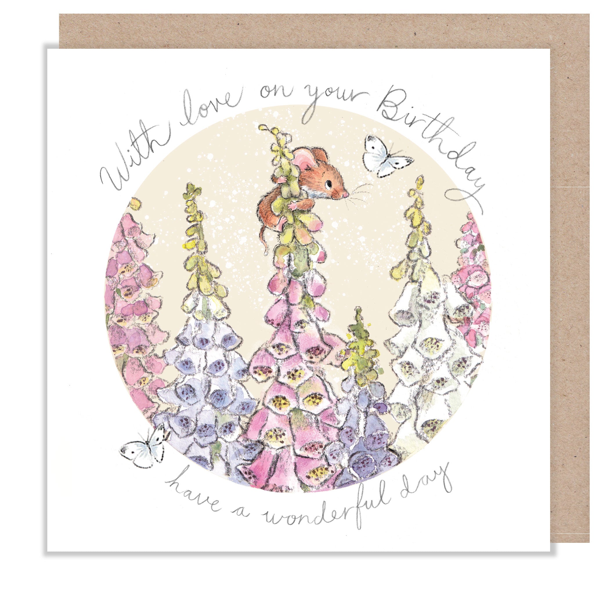 Birthday Card - With Love on Your Birthday - Mouse with Foxgloves