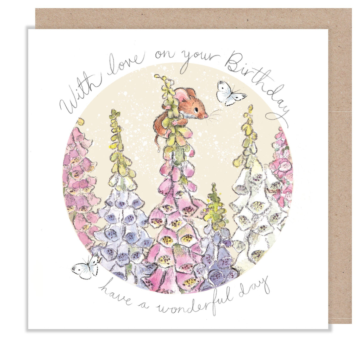 Birthday Card - With Love on Your Birthday - Mouse with Foxgloves