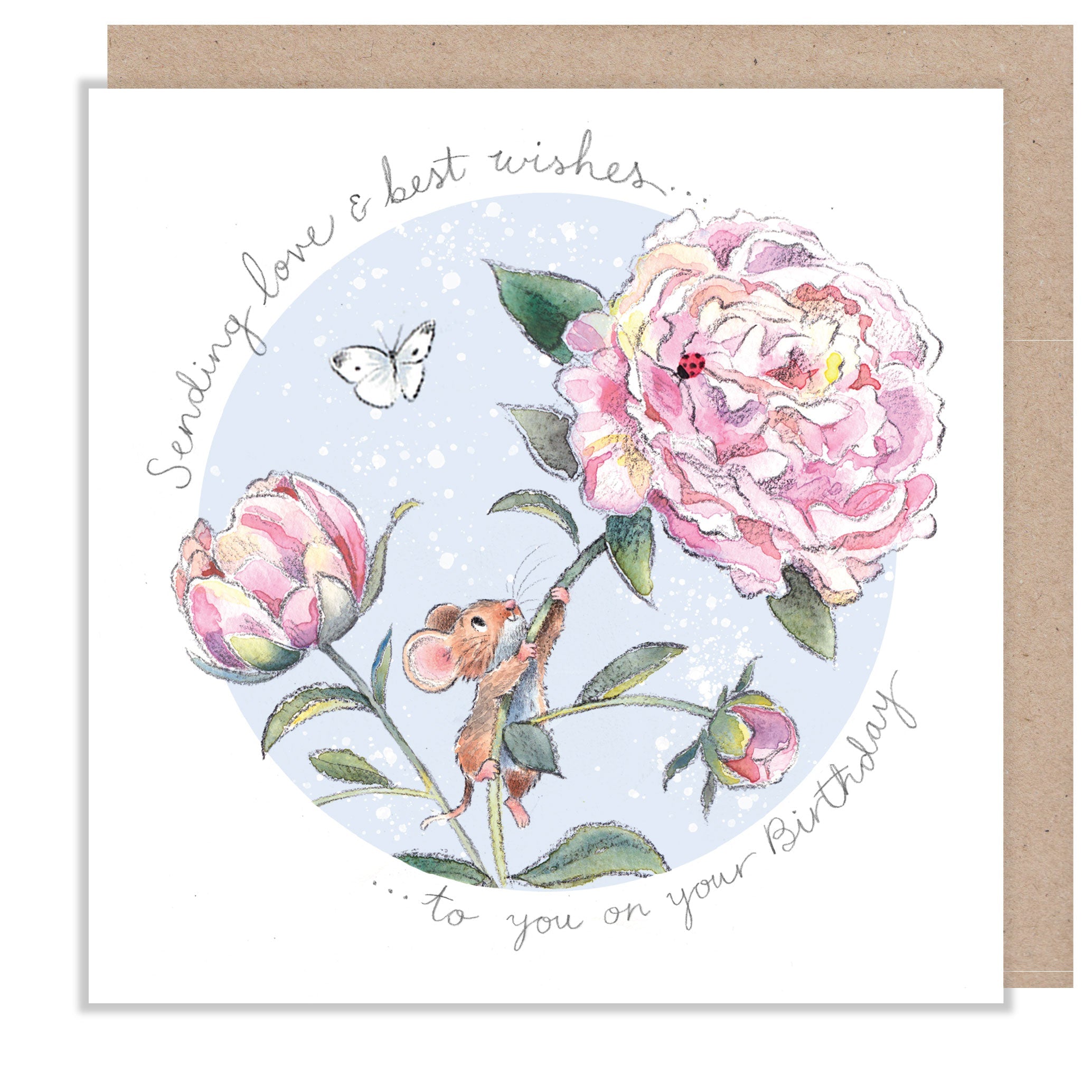 Birthday Card - Sending Love & Best Wishes - Mouse and Peonies