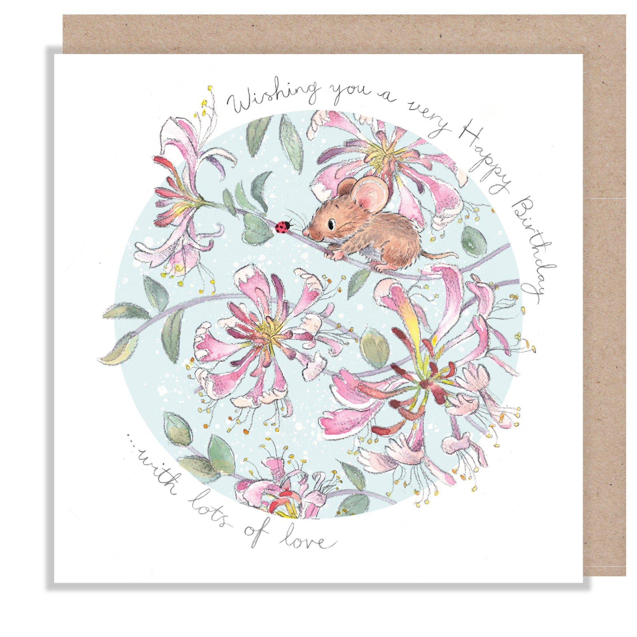 Birthday Card - Wishing You a Very Happy Birthday - Mouse and Honeysuckle
