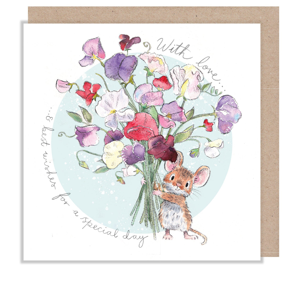 Greeting Card - With Love - Mouse with Sweet Peas