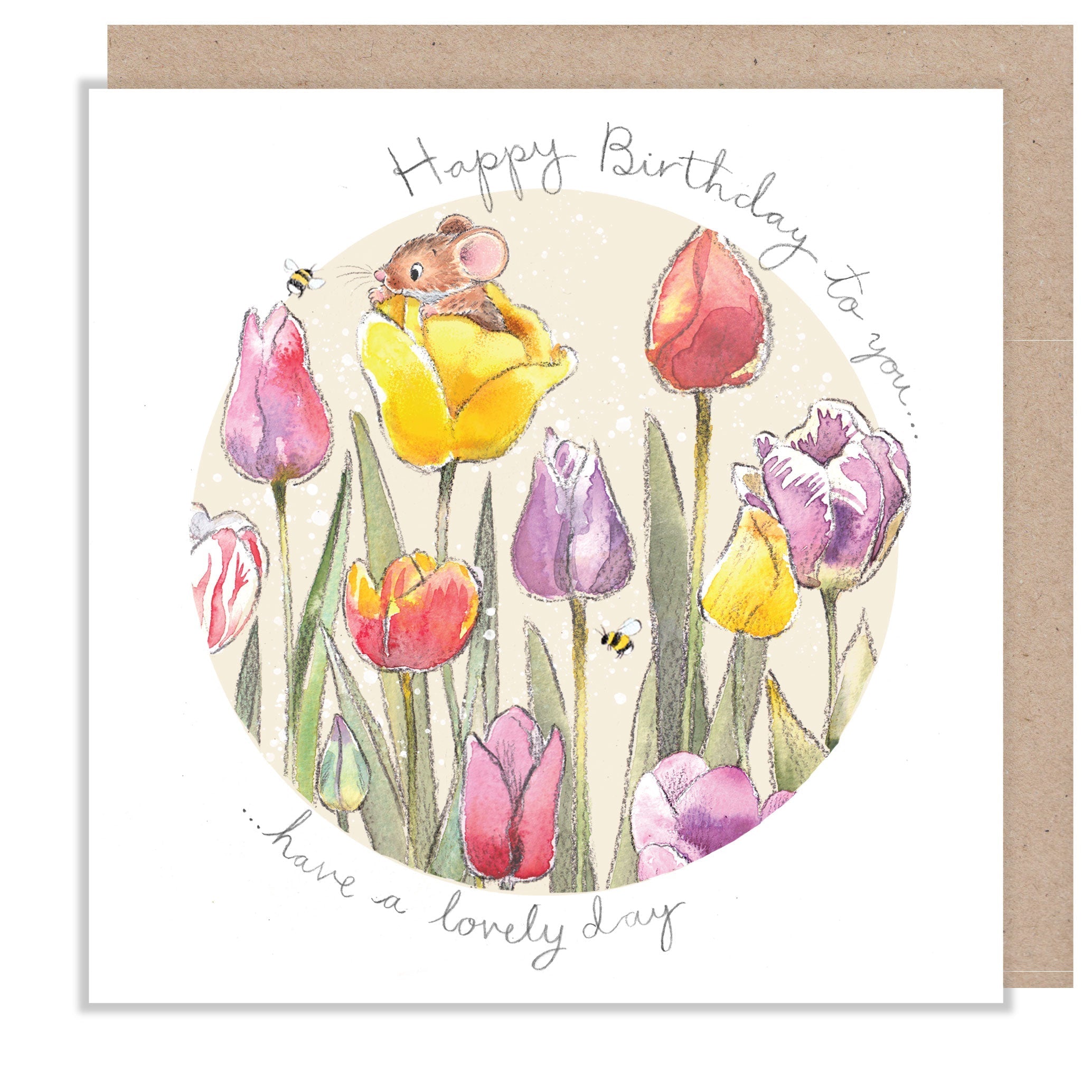 Birthday Card - Happy Birthday to You - Mouse with Tulips