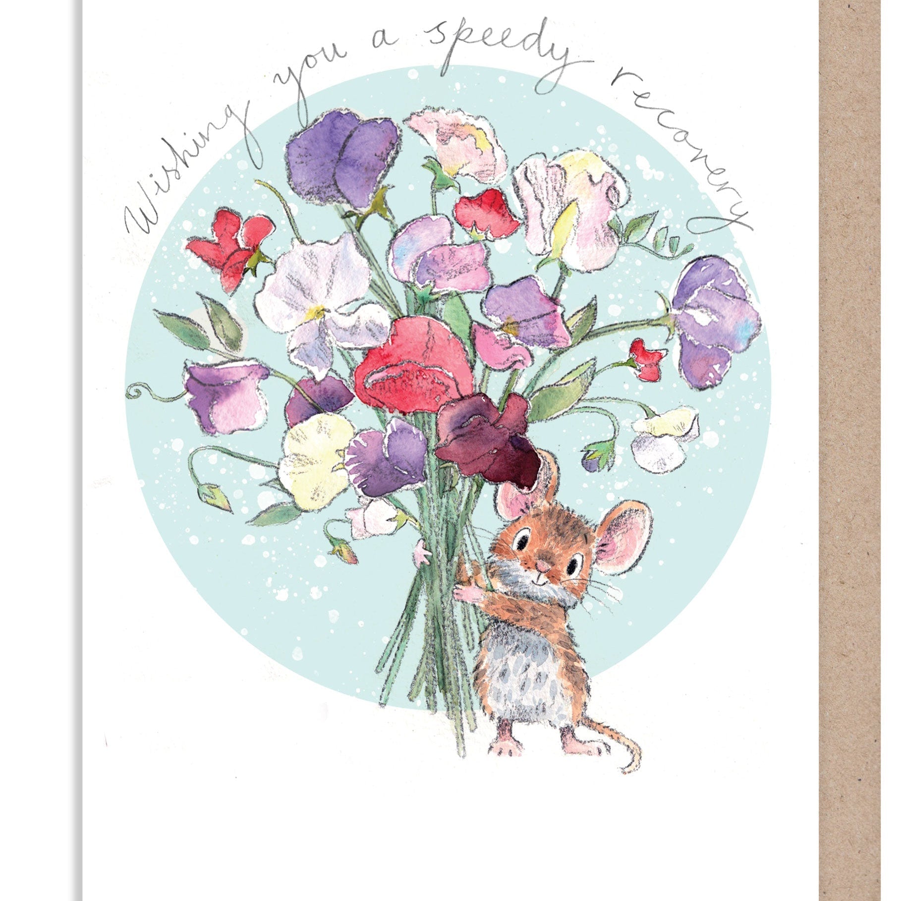 Greeting Card - Speedy Recovery - Mouse Holding Sweetpeas