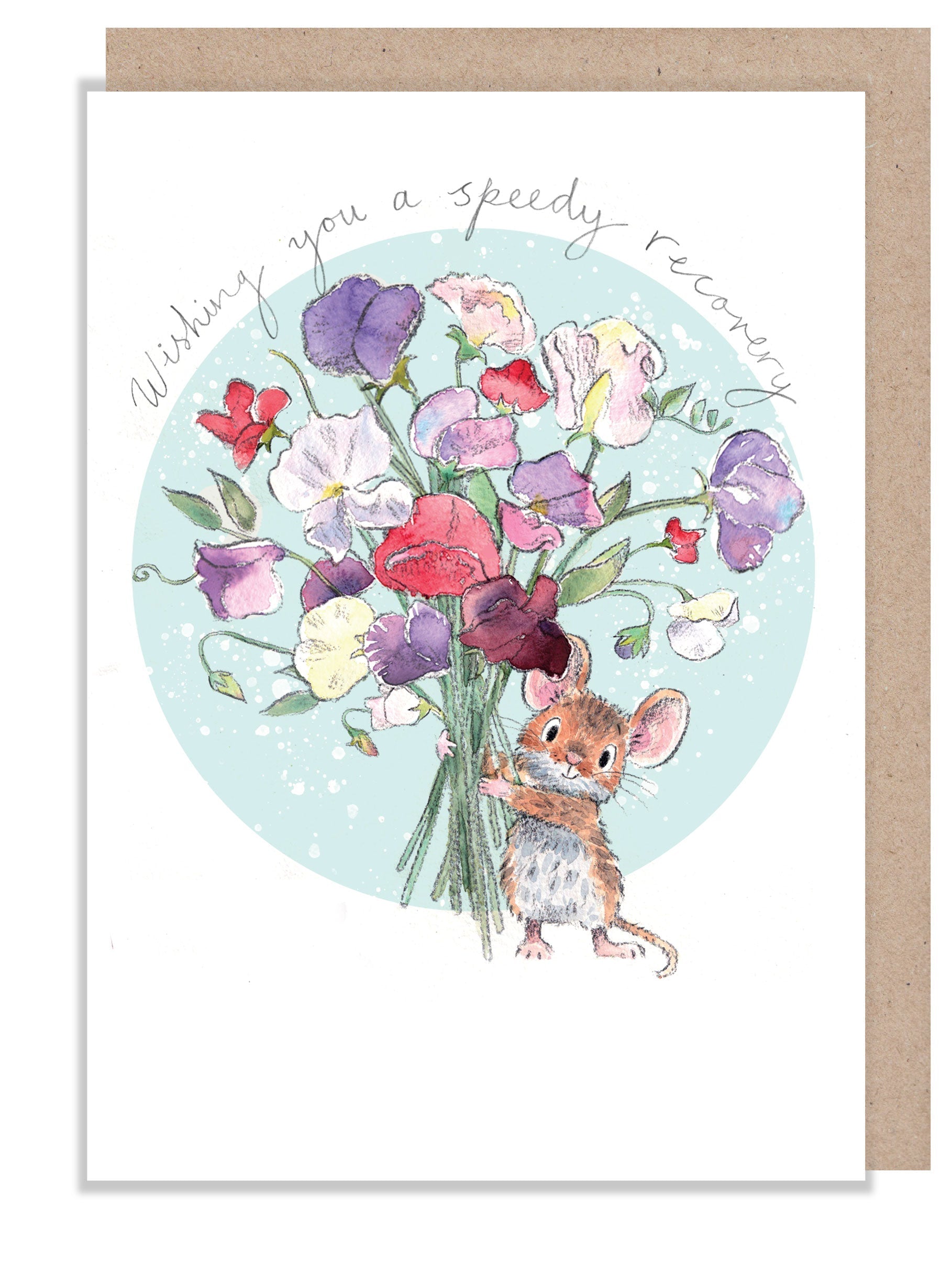 Greeting Card - Speedy Recovery - Mouse Holding Sweetpeas