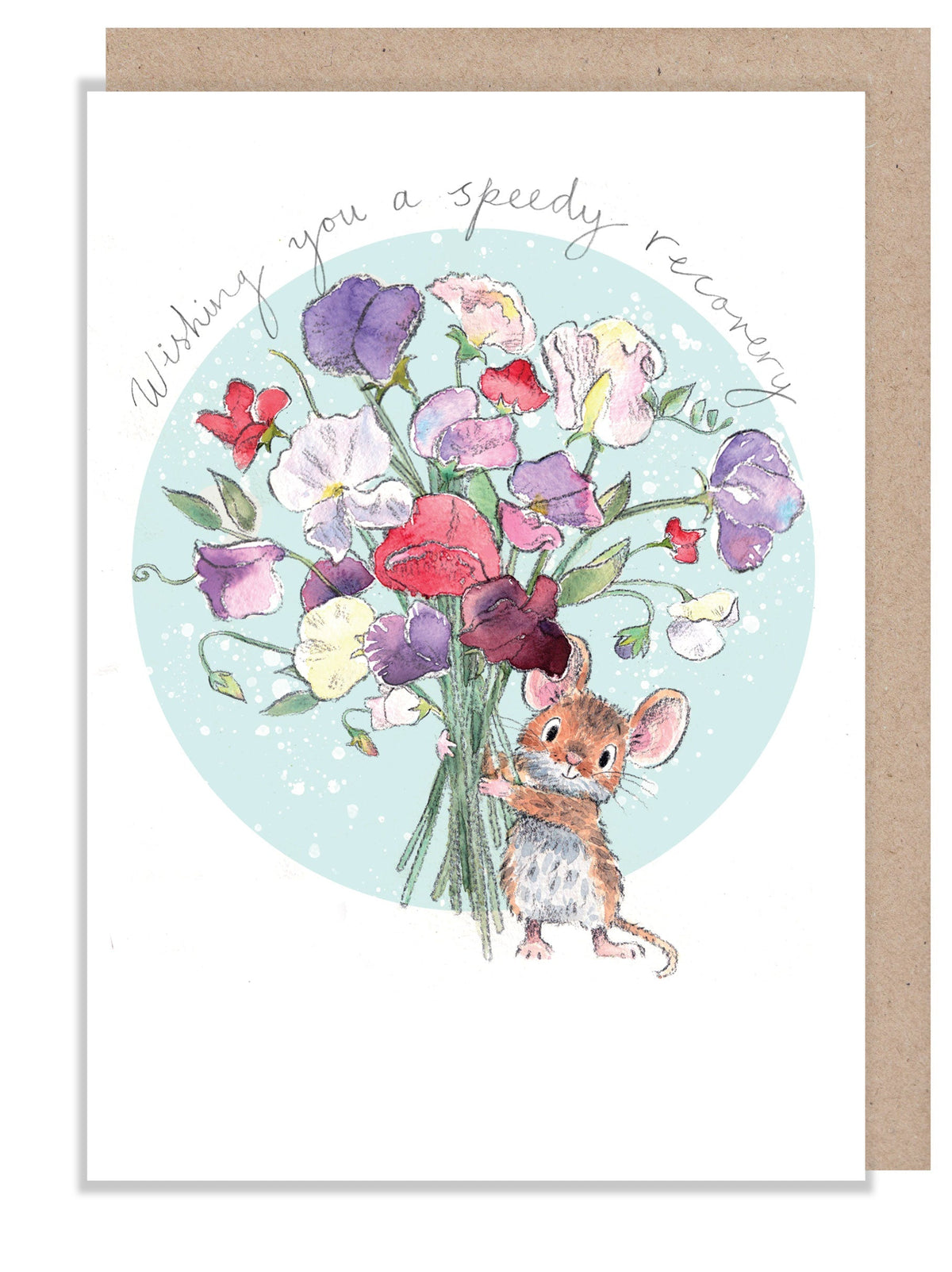 Greeting Card - Speedy Recovery - Mouse Holding Sweetpeas