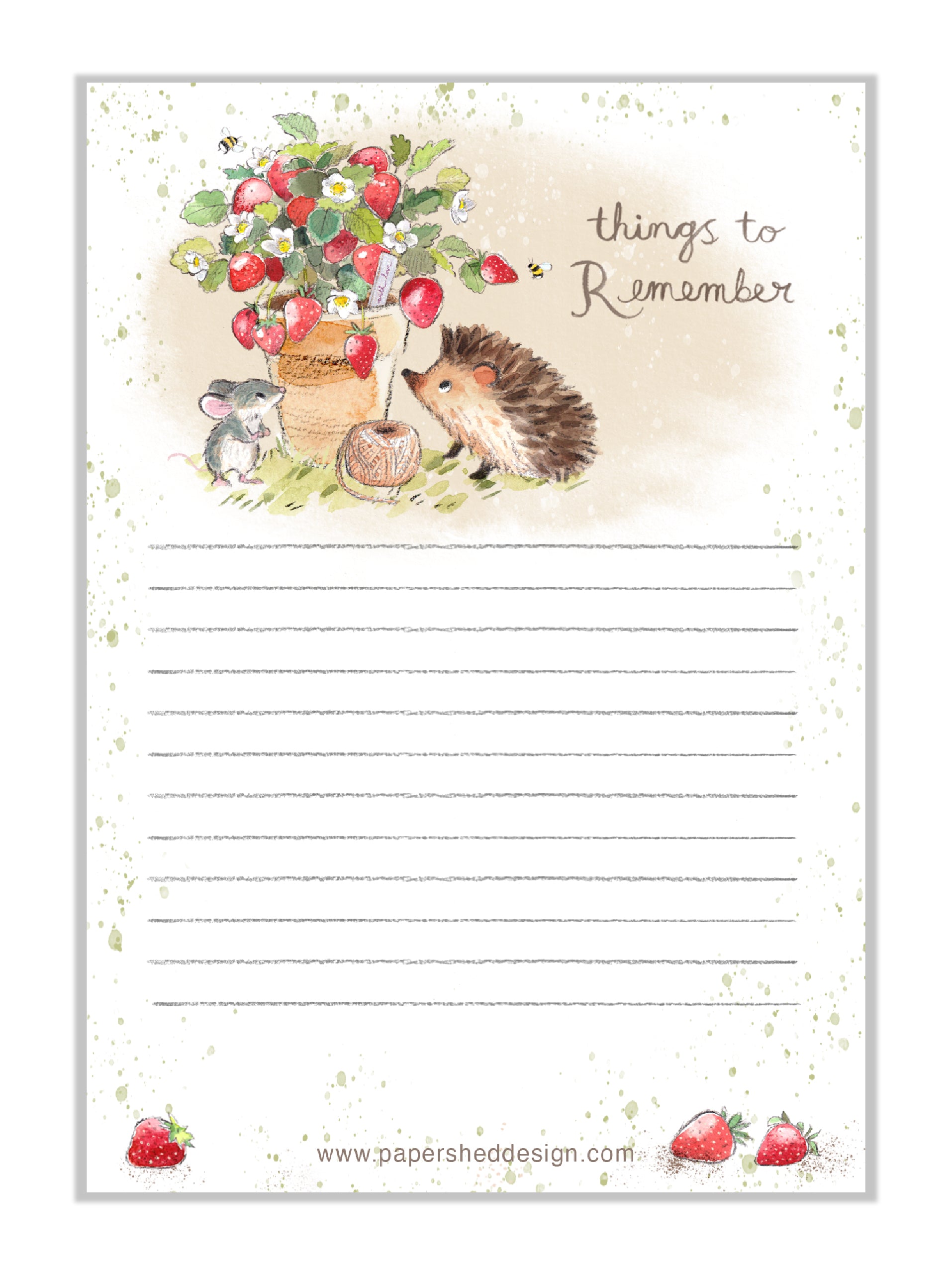 Note Pad - Hedgehog and Mouse, Stawberry pot