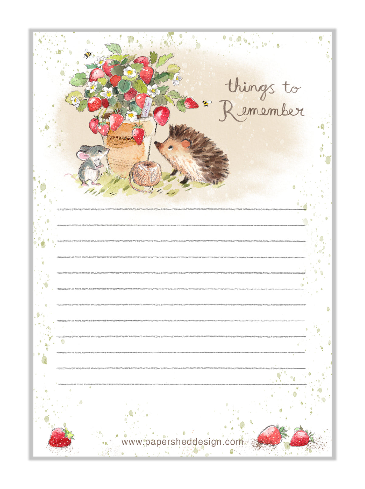 Note Pad - Hedgehog and Mouse, Stawberry pot