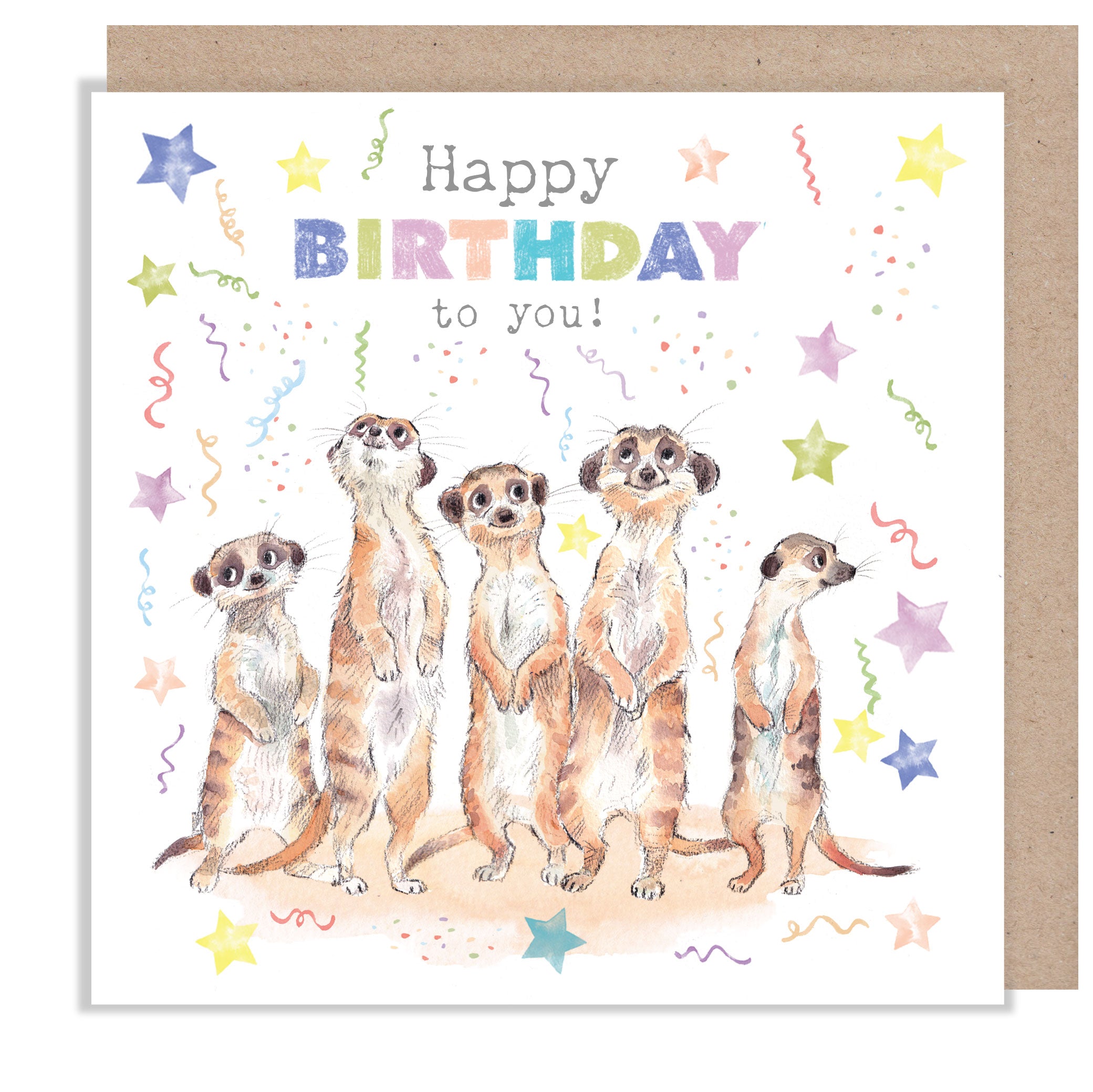 Children's Birthday Card - Meerkats, Stars and Streamers