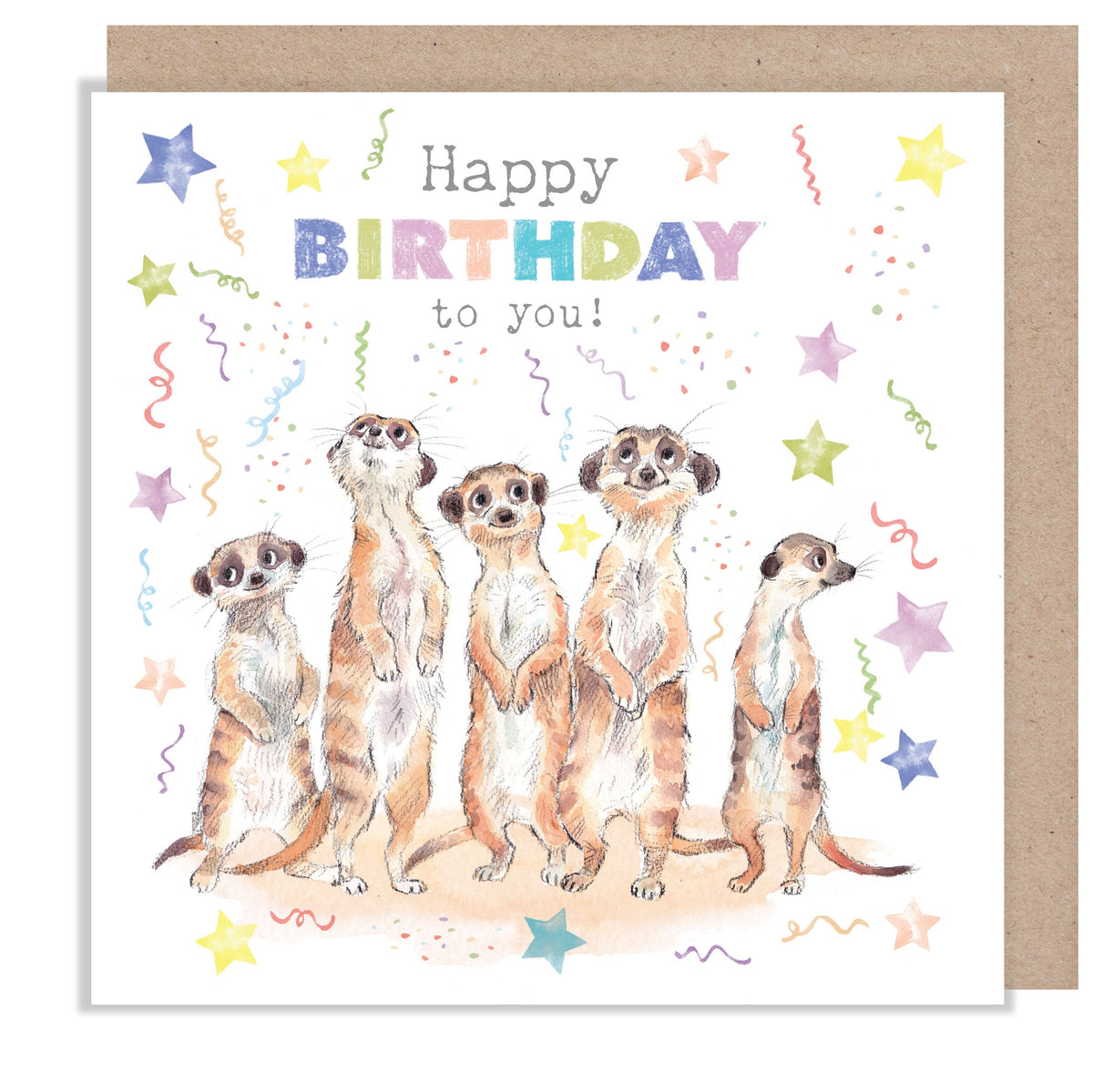 Children's Birthday Card - Meerkats, Stars and Streamers