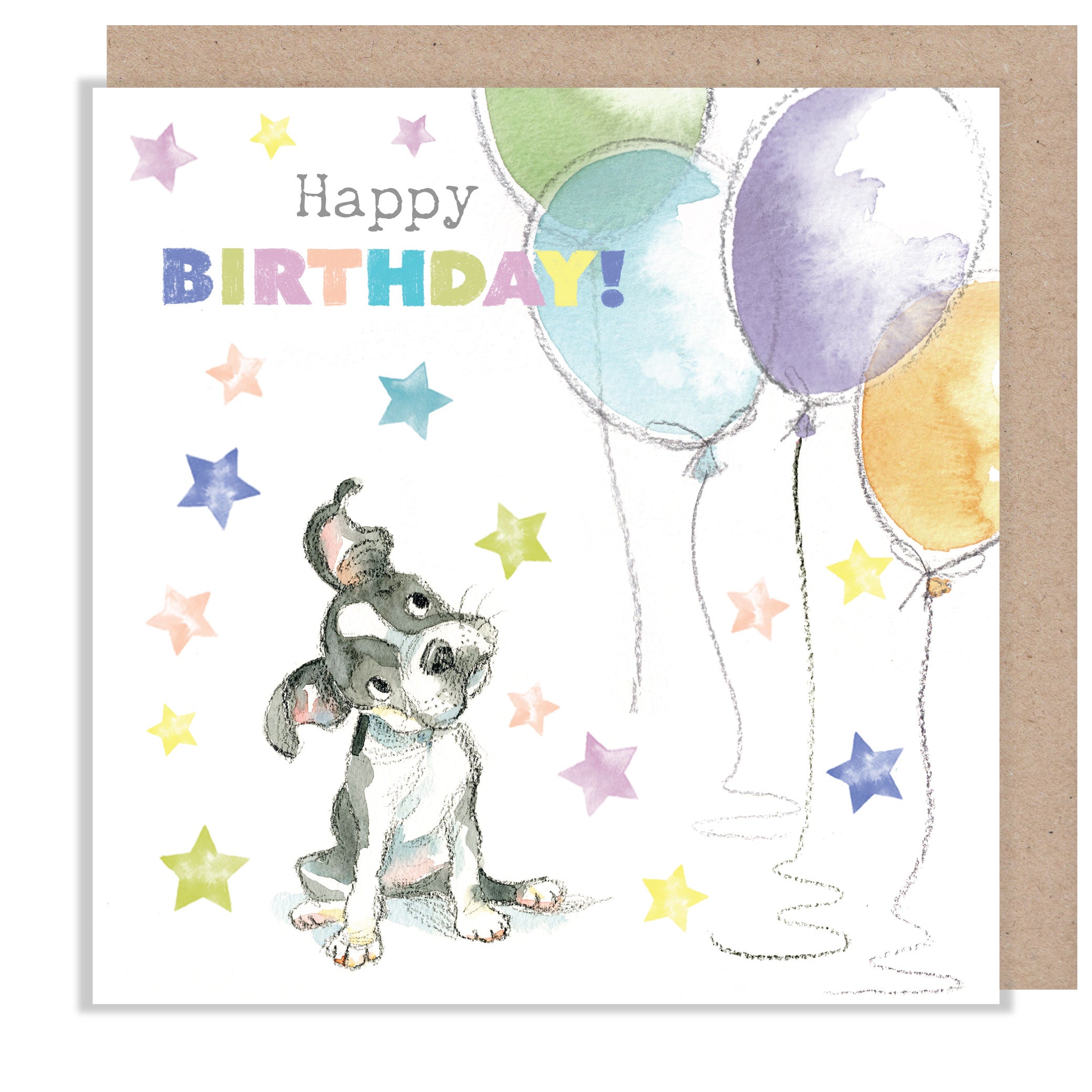 Children's Birthday Card - Black & White Dog with Balloons