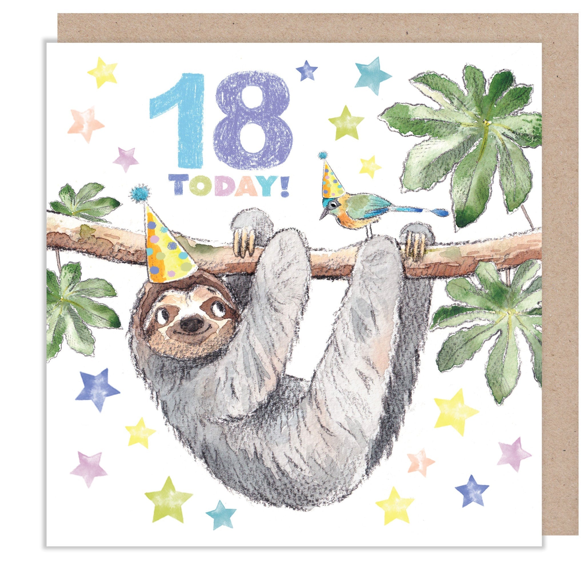 Age Birthday Card - 18 Today - Sloth and Bird Wearing Party Hats