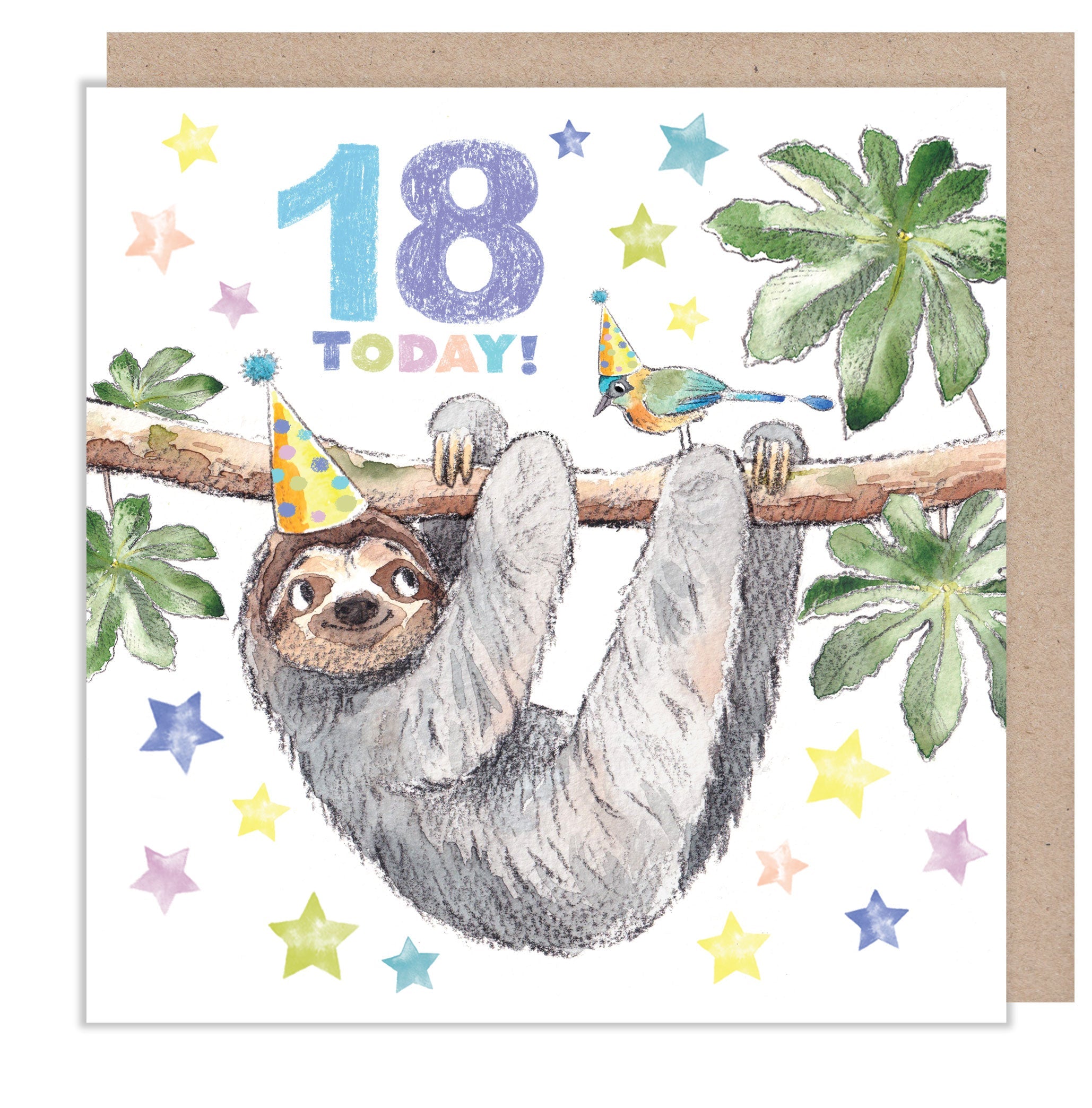 Age Birthday Card - 18 Today - Sloth and Bird Wearing Party Hats