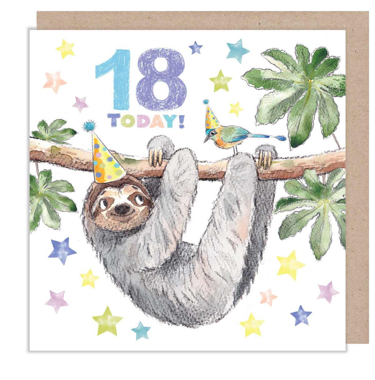 Age Birthday Card - 18 Today - Sloth and Bird Wearing Party Hats