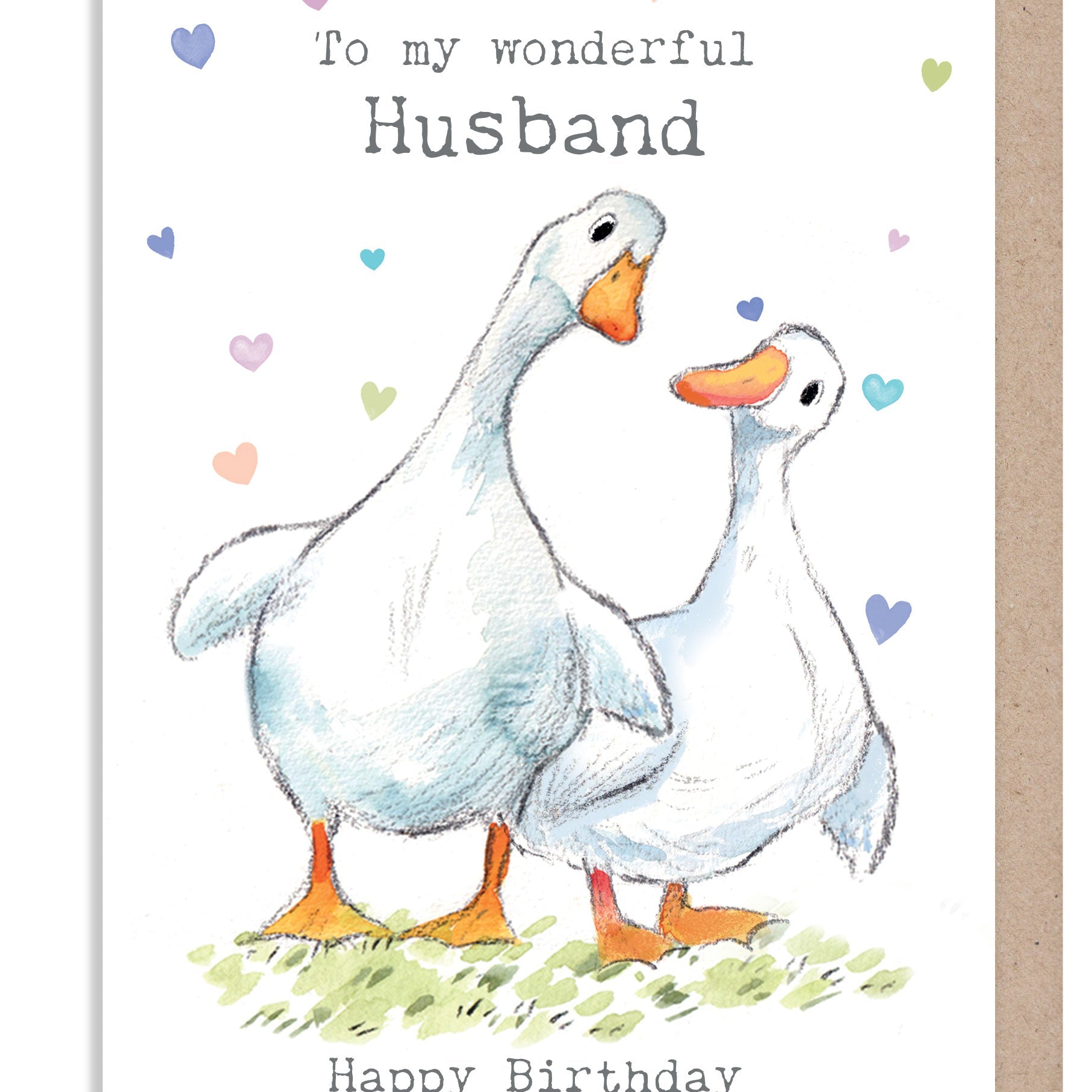 Birthday Card - Husband - 2 White Ducks with Hearts