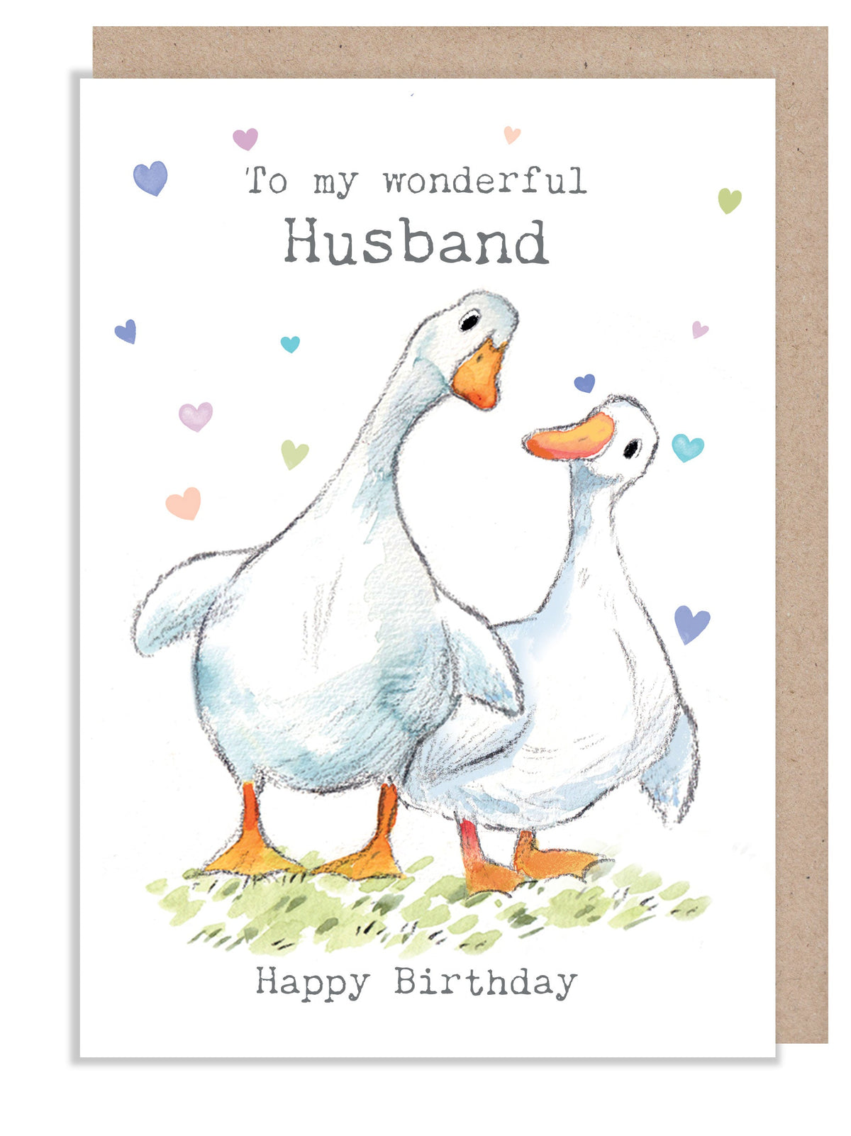 Birthday Card - Husband - 2 White Ducks with Hearts
