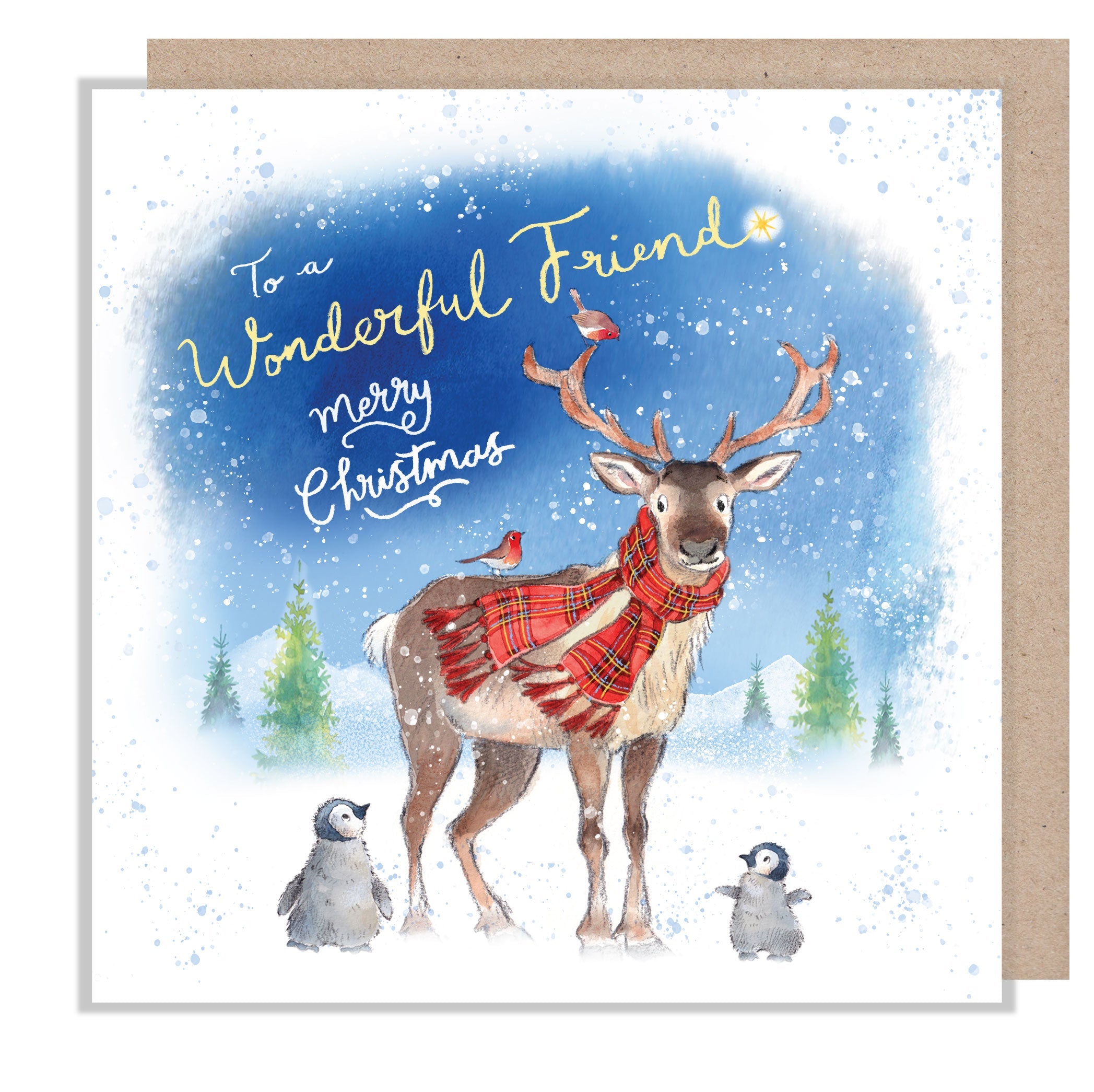 Christmas Card - to a Wonderful Friend - Reindeer with Penguins and Robins