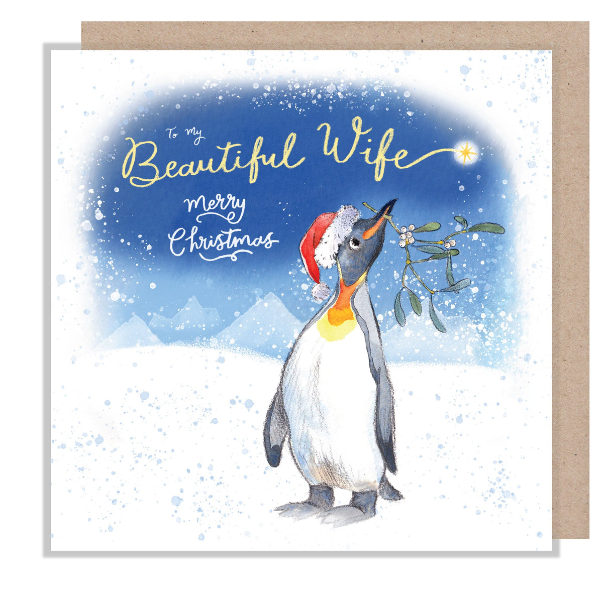 Christmas Card - Beautiful Wife - Penguin and Mistletoe