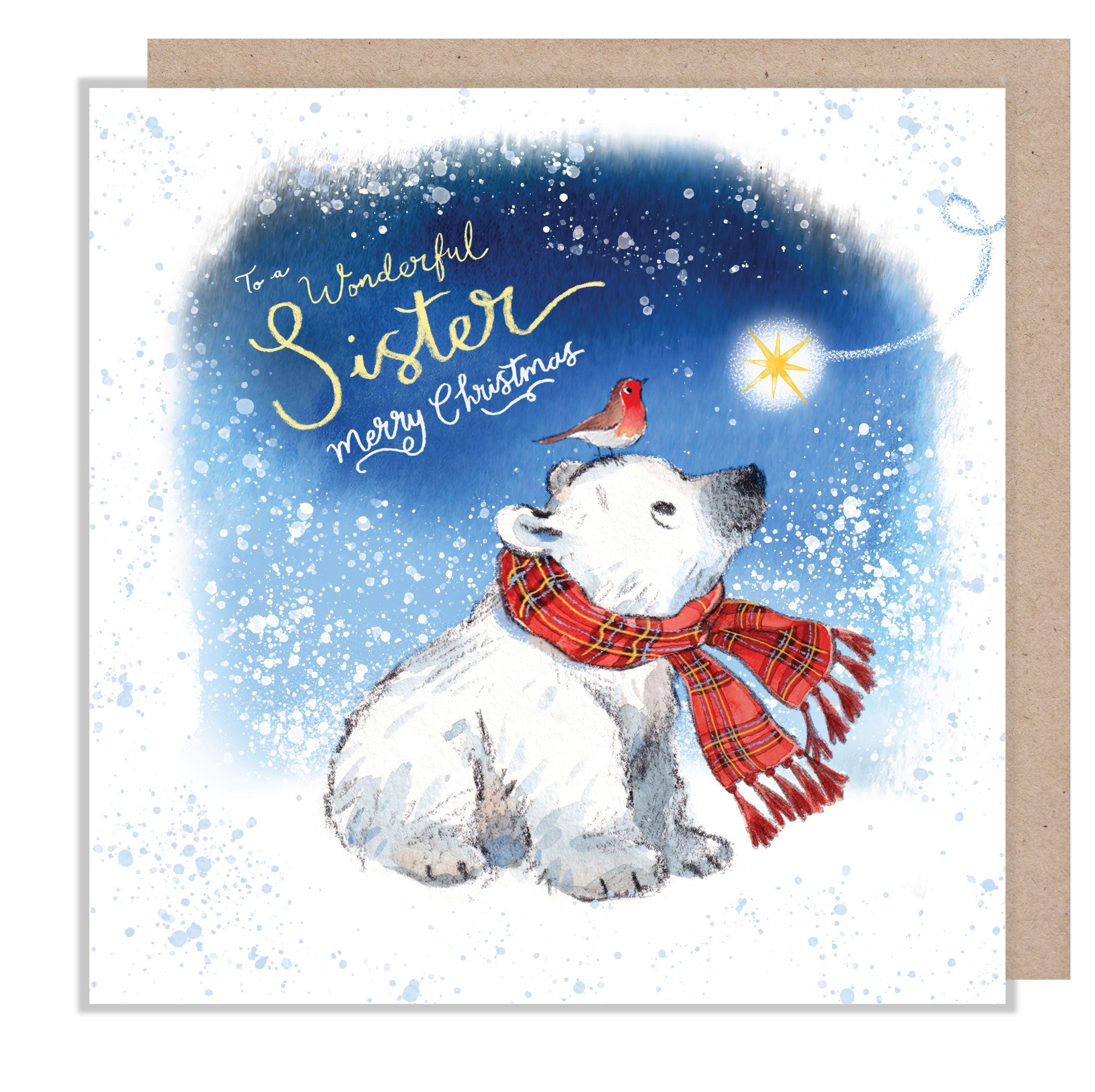 Christmas Card - Wonderful Sister - Polar Bear Cub with Robin and Star