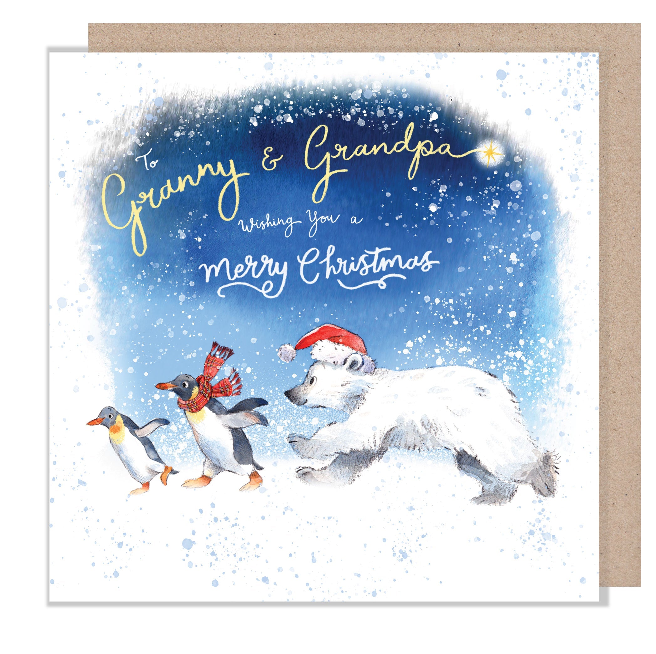 Christmas Card - Granny & Grandpa - Polar Bear Cub with Penguins