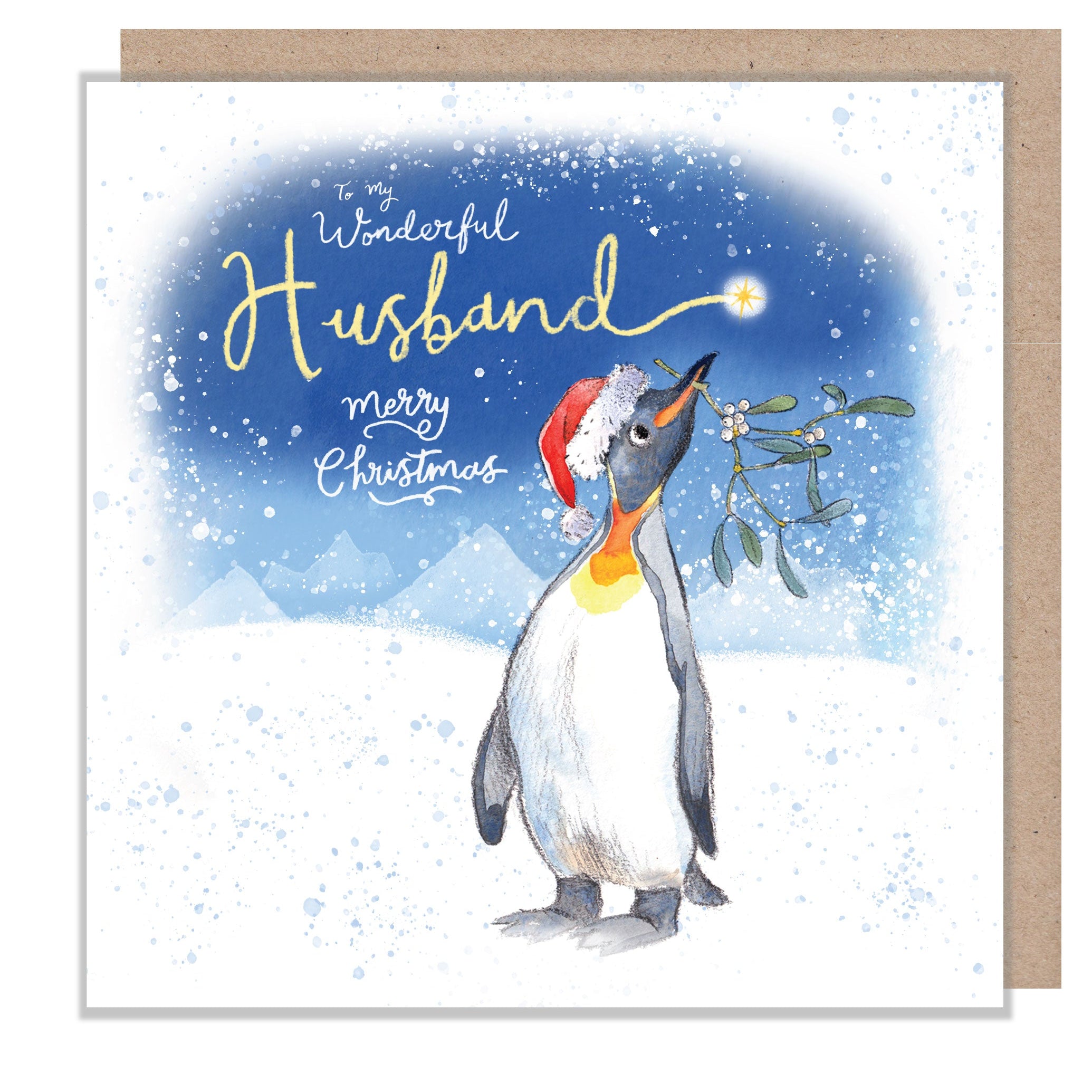 Christmas Card - Wonderful Husband - Penguin with Mistletoe