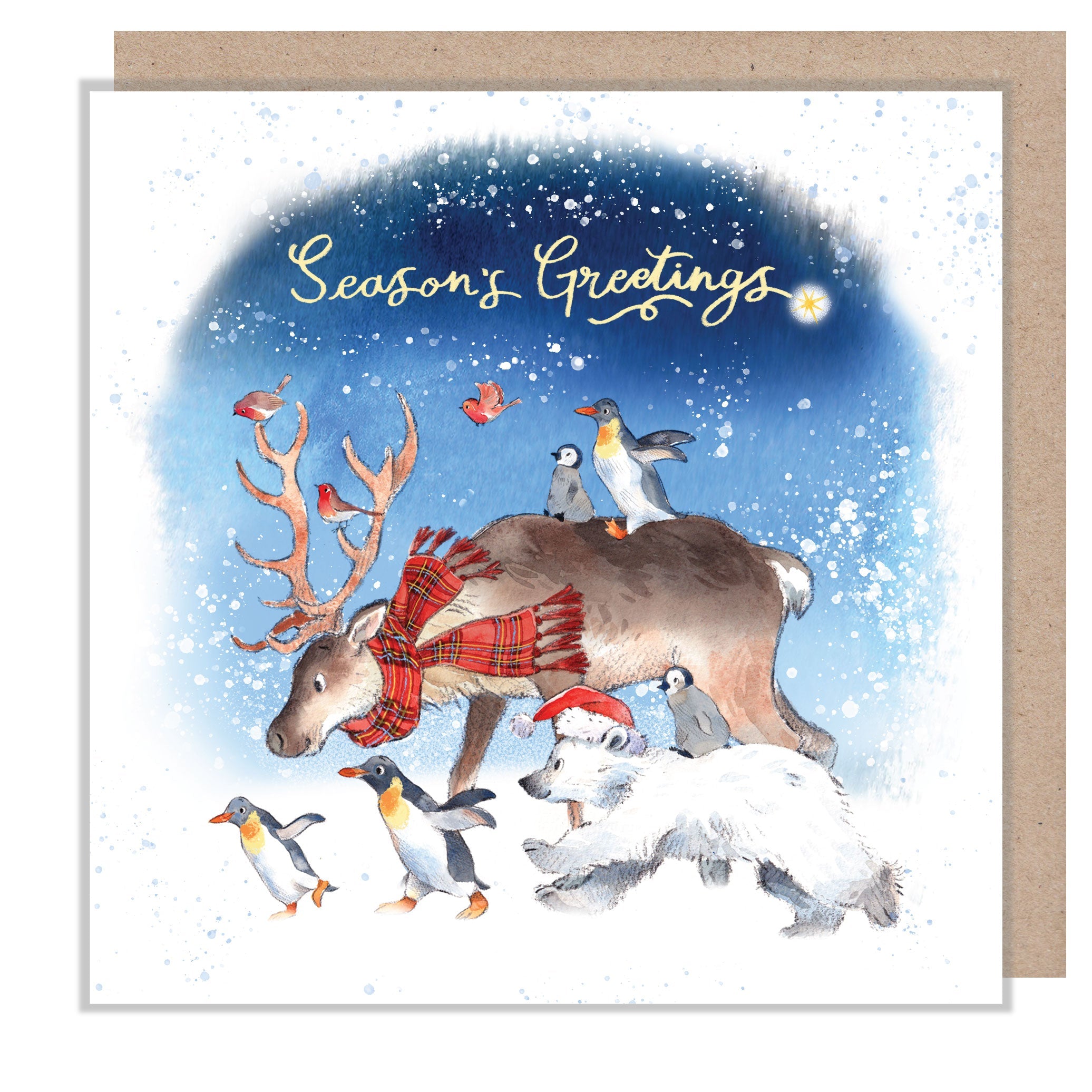 Christmas Card - Season's Greetings - Reindeer with Polar Bear, Penguins and Robins