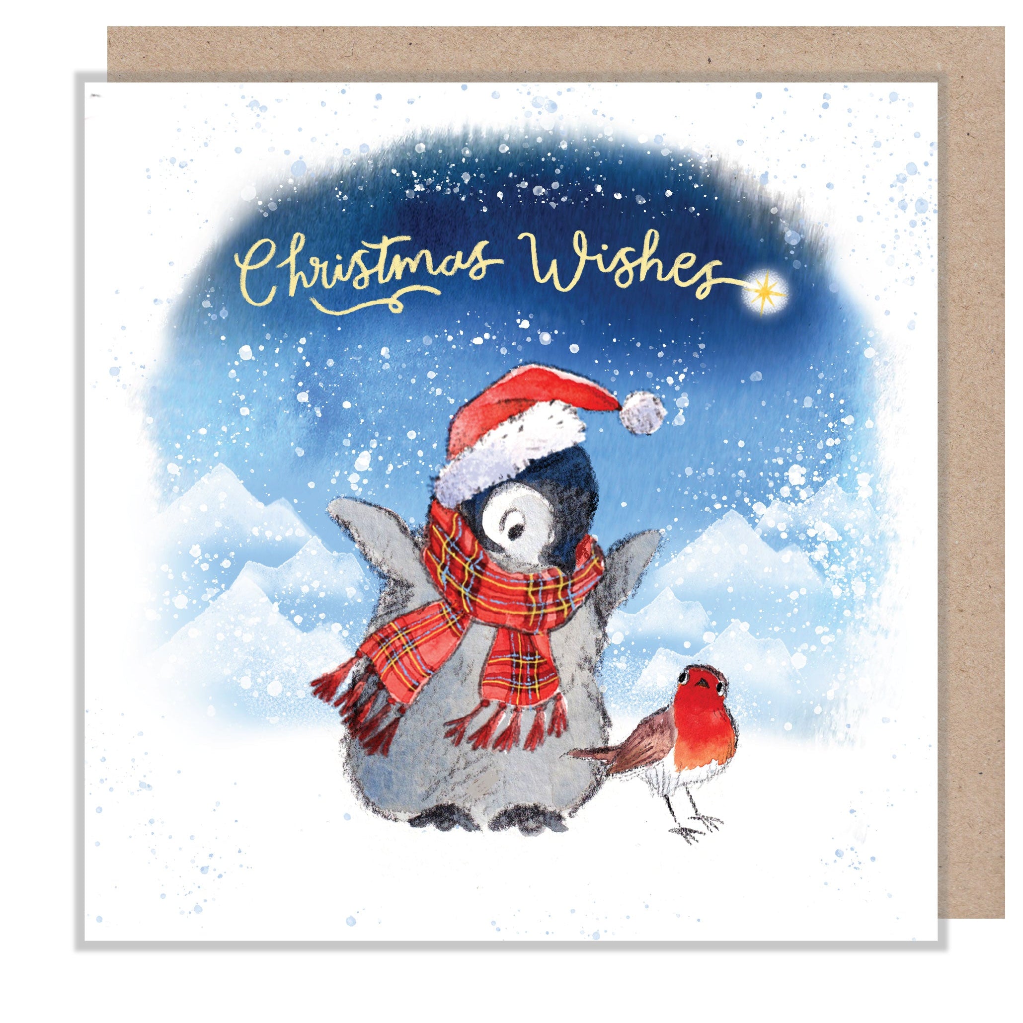 Christmas Card - Christmas Wishes - Baby Penguin with Robin