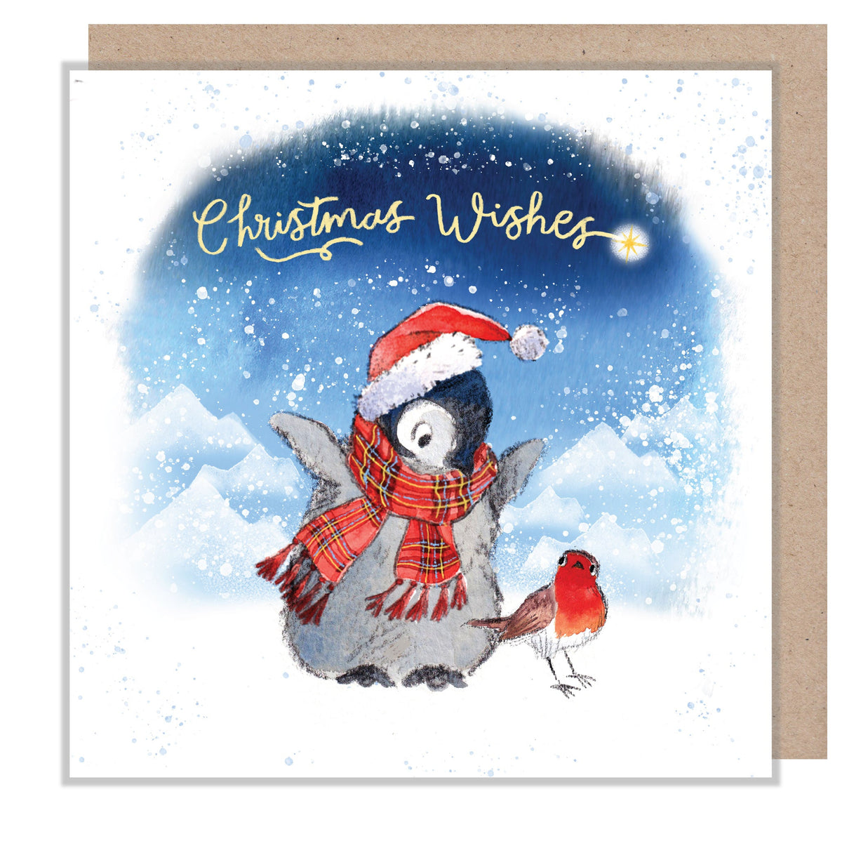 Christmas Card - Christmas Wishes - Baby Penguin with Robin
