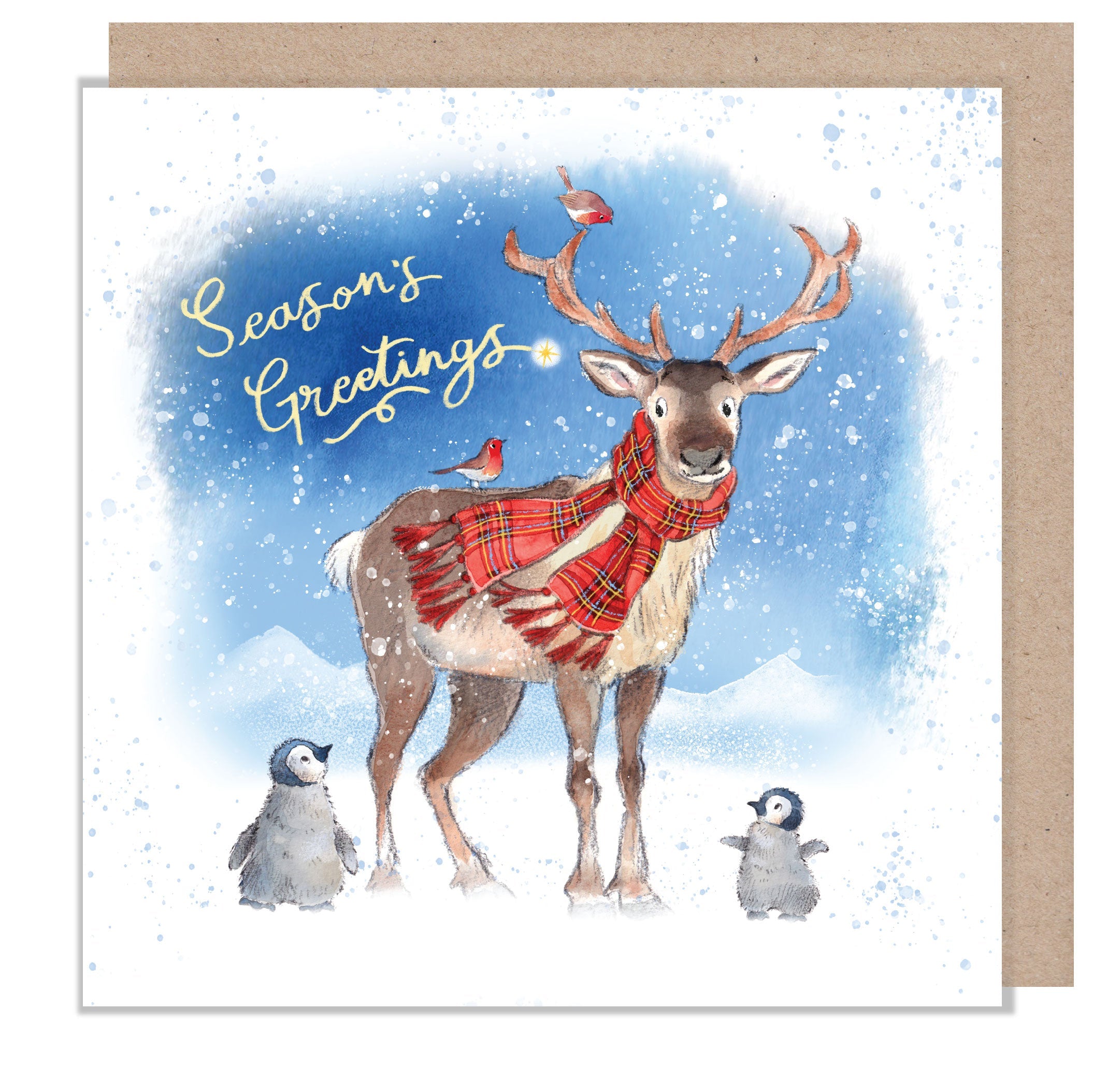 Christmas Card - Season's Greetings - Reindeer with Penguins and Robins