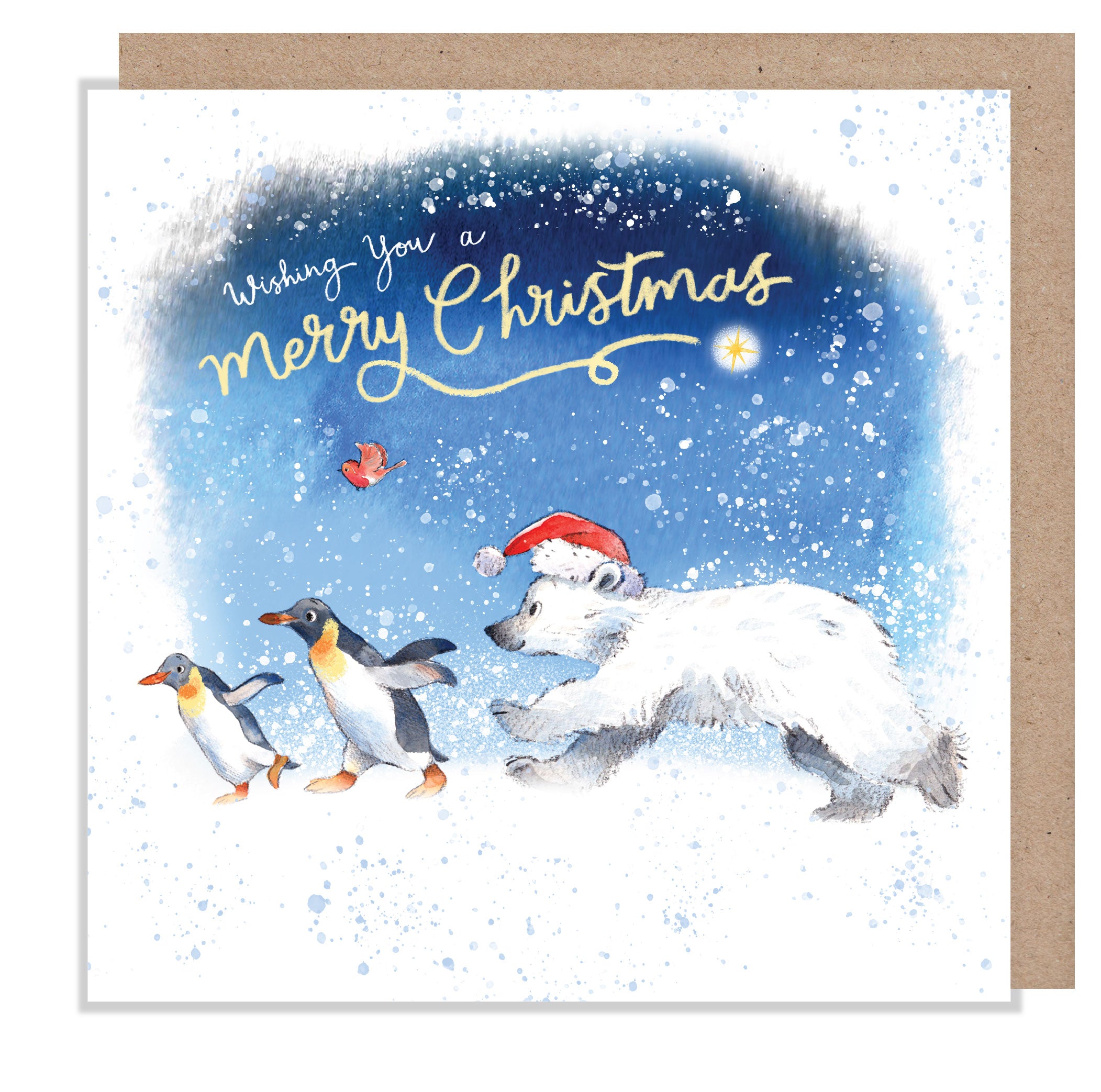 Christmas Card - Merry Christmas - Polar Bear Cub with Penguins and Robin