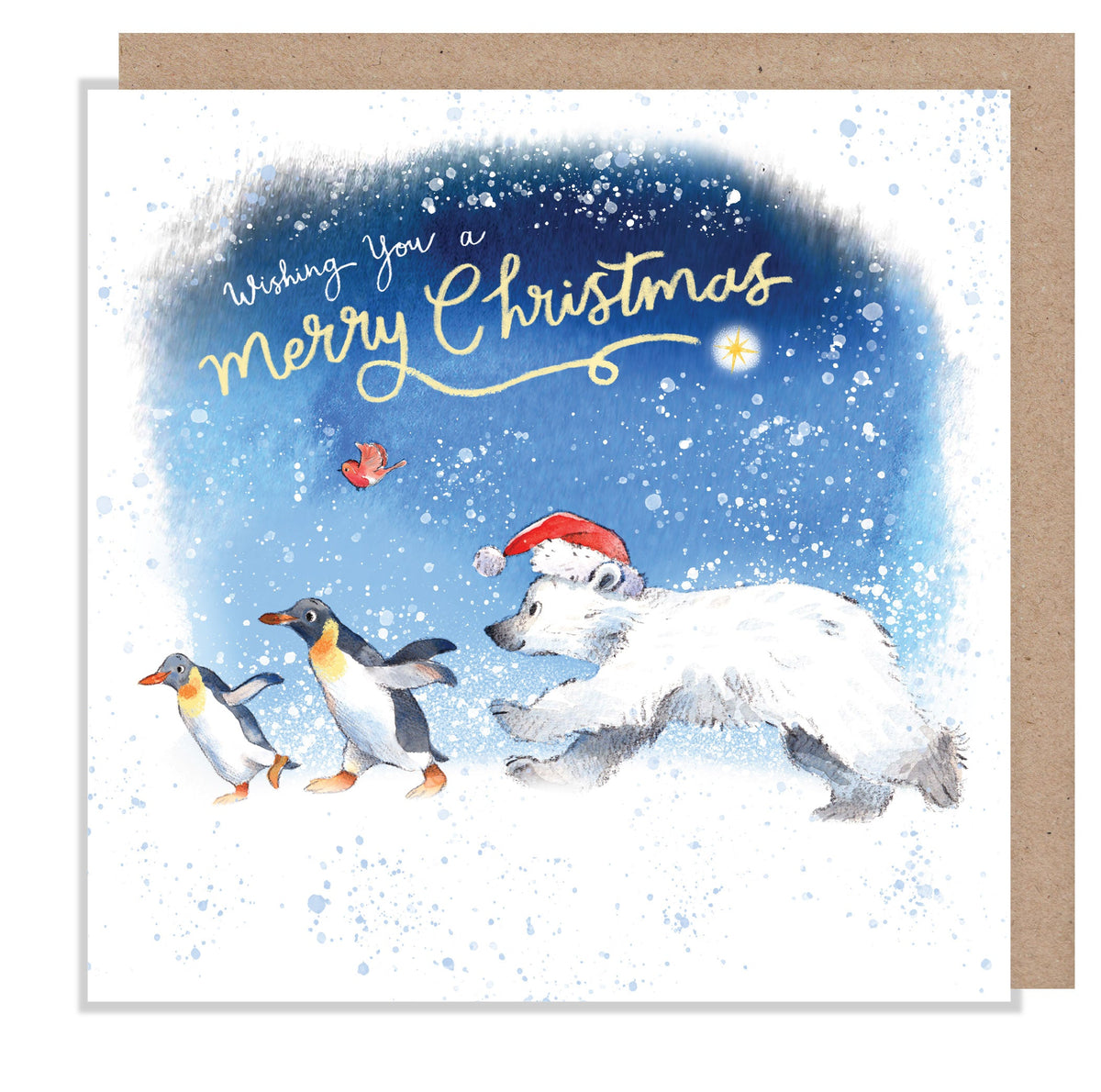 Christmas Card - Merry Christmas - Polar Bear Cub with Penguins and Robin