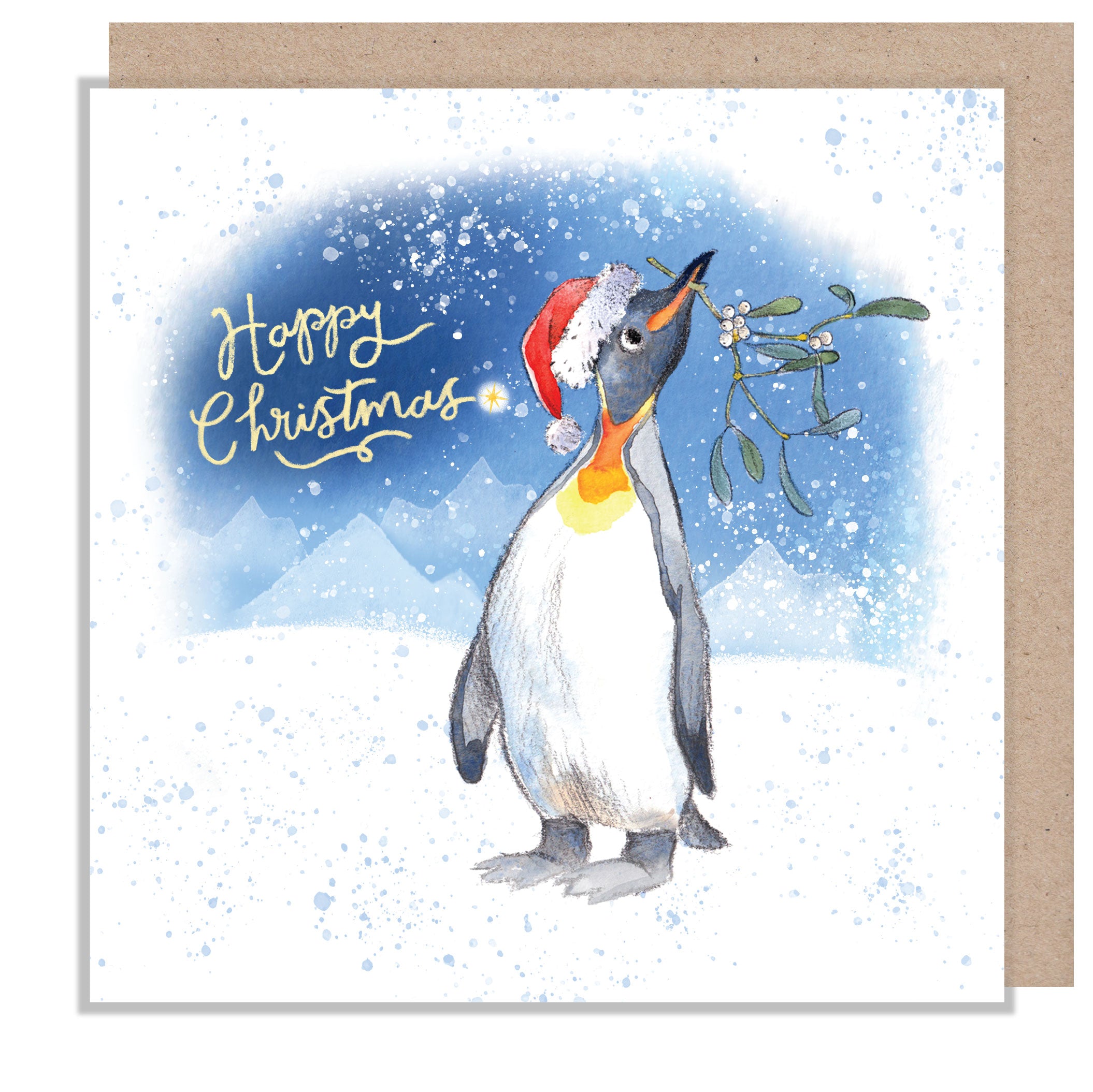 Christmas Card - Happy Christmas - Penguin with Mistletoe
