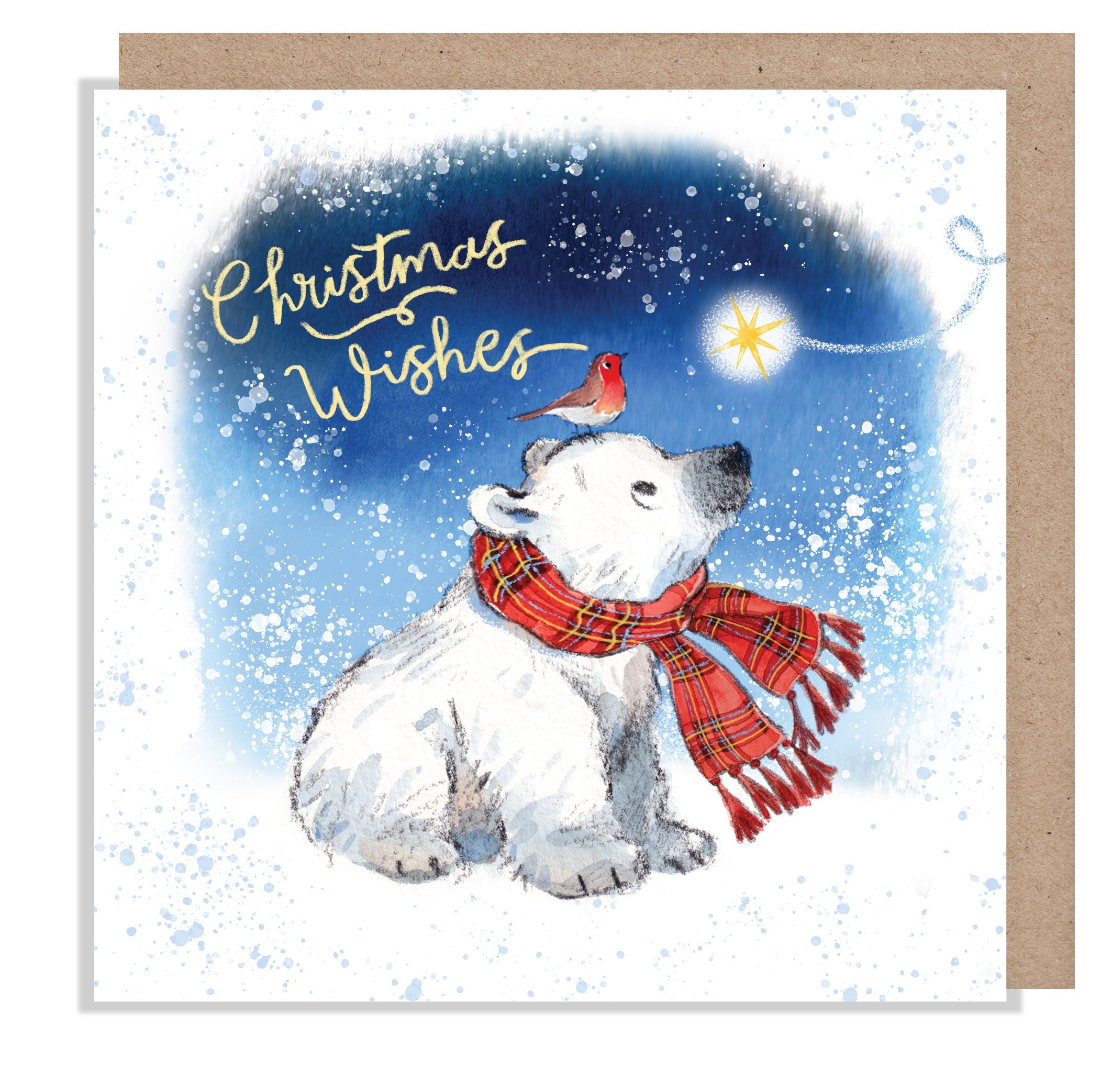 Christmas Card - Christmas Wishes - Polar Bear Cub with Robin and Star