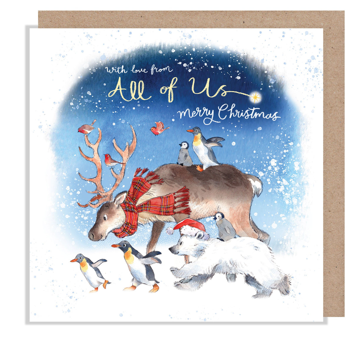 Christmas Card - From All Of Us - Reindeer with Polar Bear, Penguins and Robins