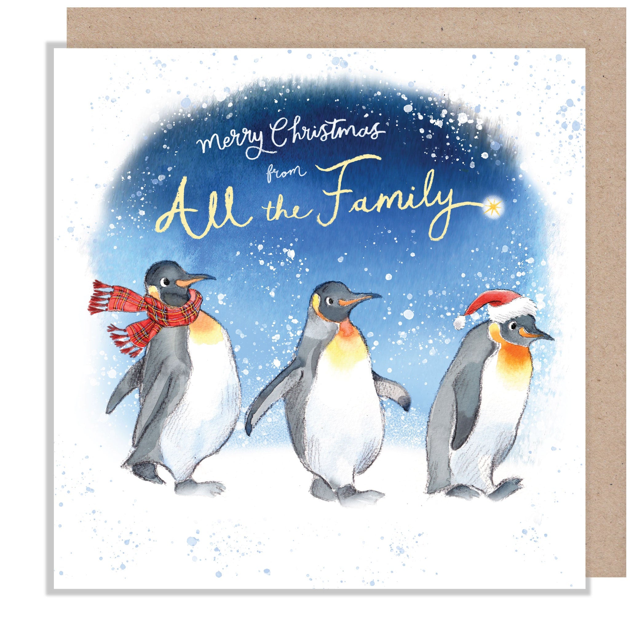 Christmas Card - From All the Family - 3 Penguins Walking