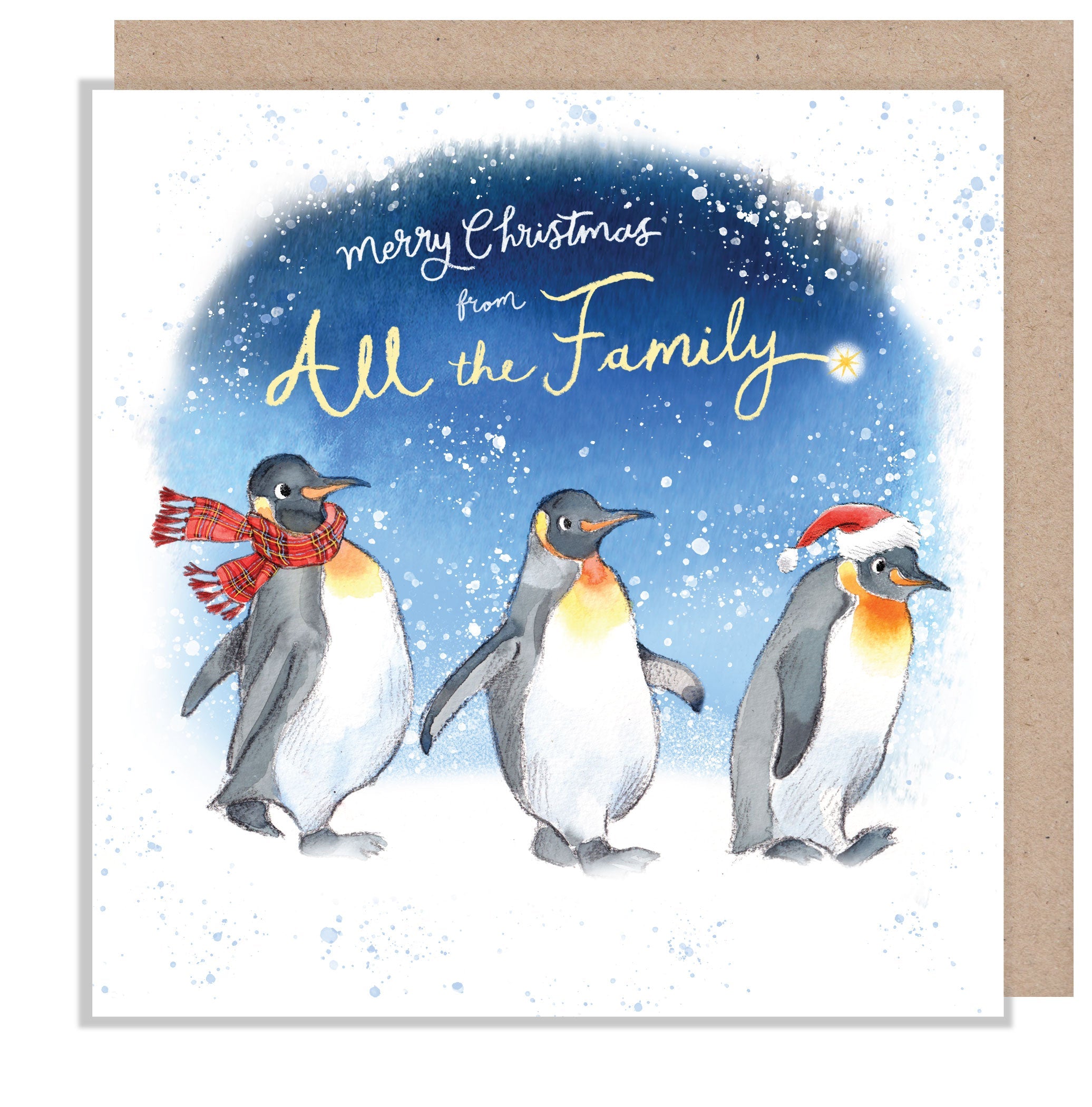 Christmas Card - From All the Family - 3 Penguins Walking