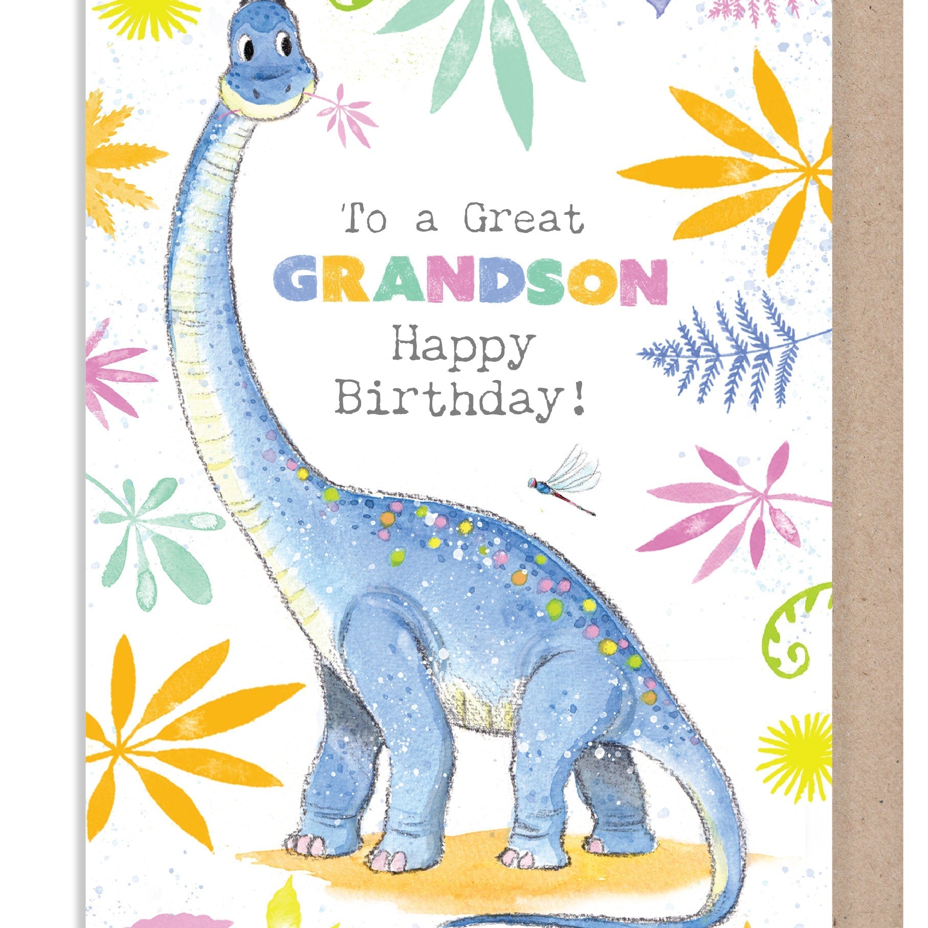 Birthday Card - Grandson - Blue Dinosaur with Leaves