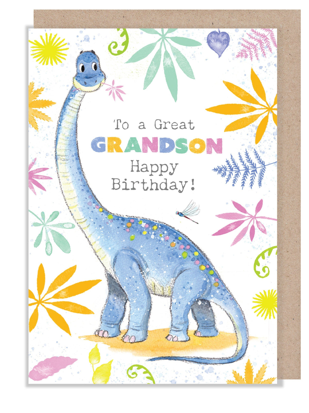 Birthday Card - Grandson - Blue Dinosaur with Leaves