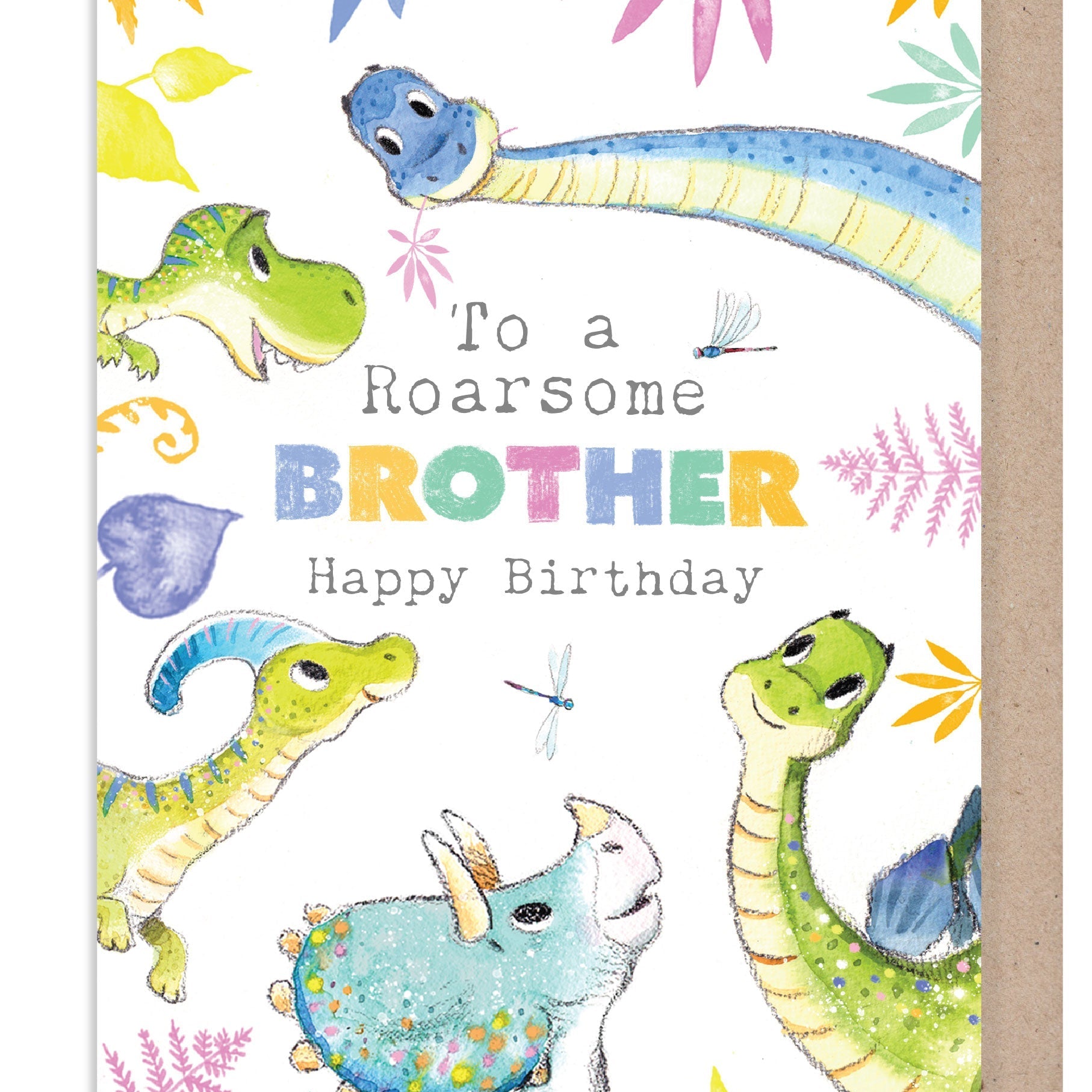 Birthday Card - Roarsome Brother - Dinosaurs with Leaves