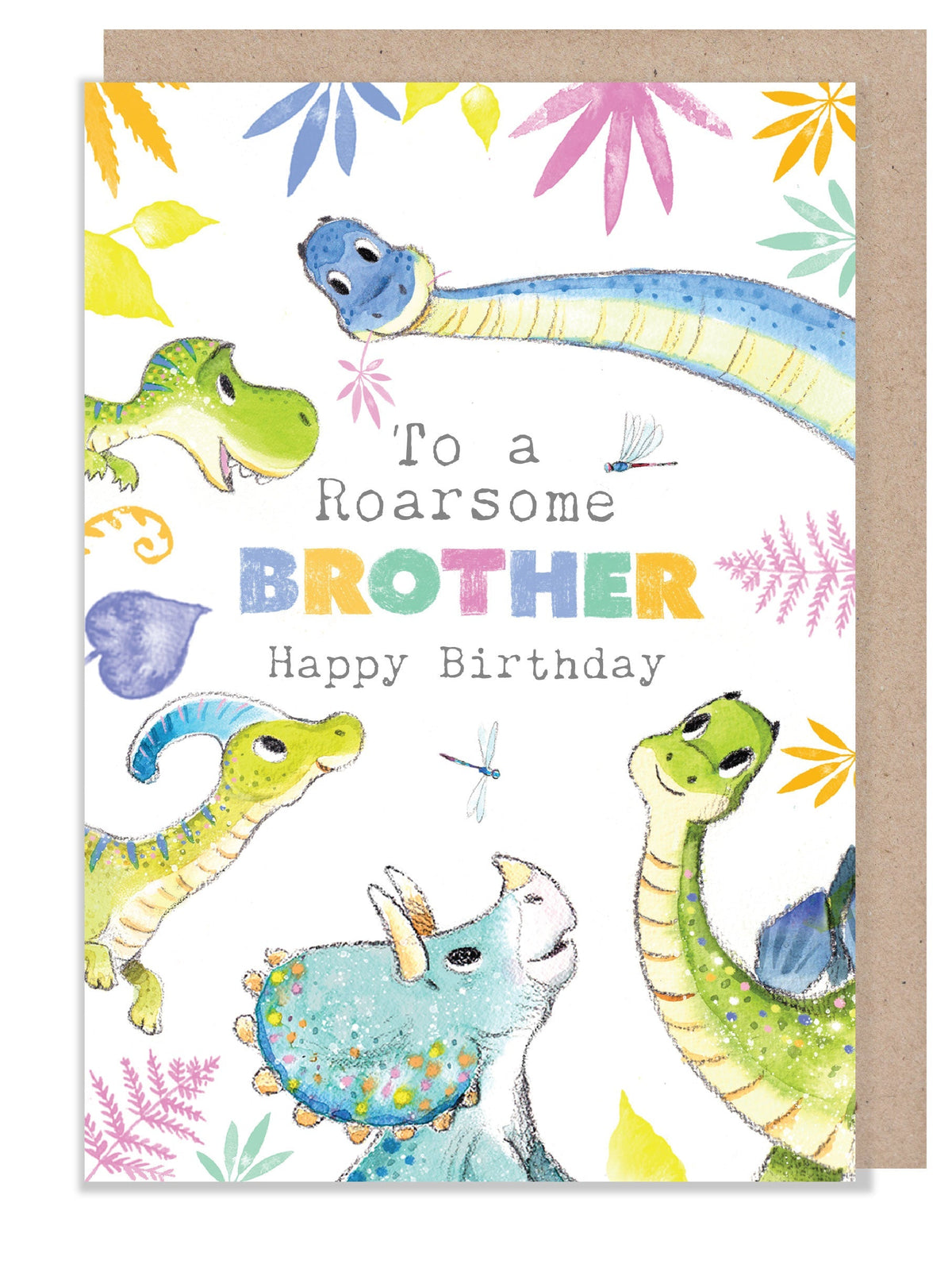 Birthday Card - Roarsome Brother - Dinosaurs with Leaves
