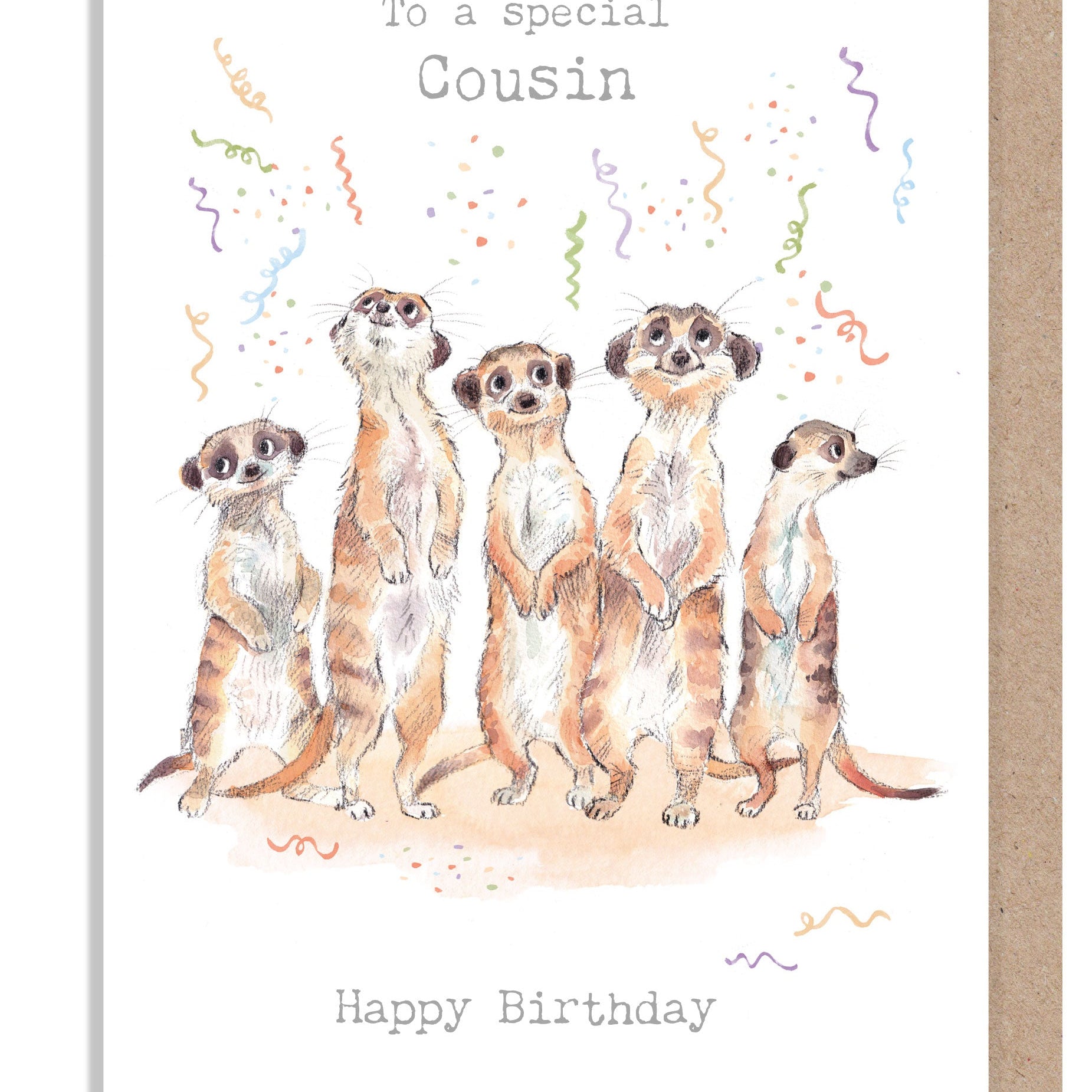 Birthday Card - Special Cousin - Meerkats with Streamers